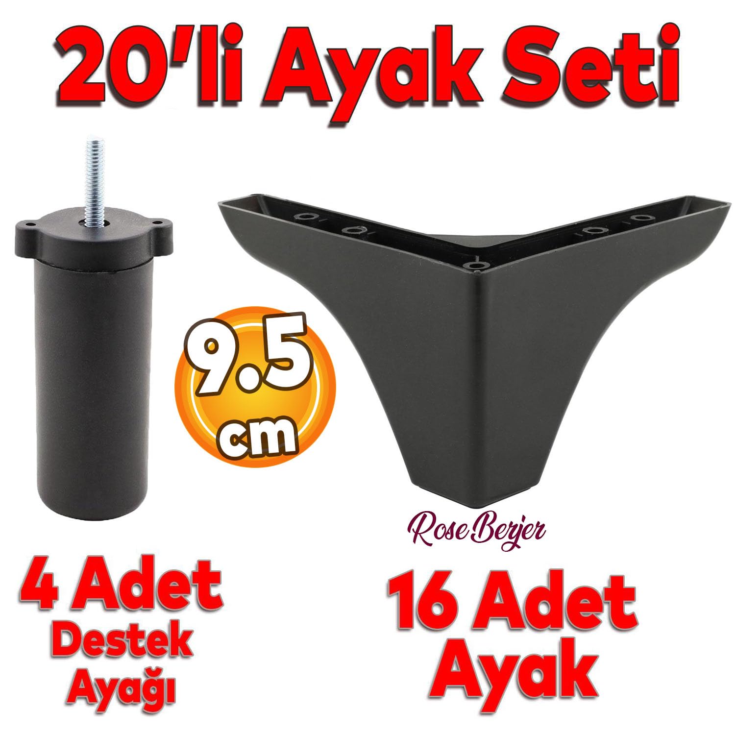 Badem10 20'li Set Rose Berjer Mobilya Koltuk Kanepe Tv Ünitesi Yükseltme Destek Ayağı 9.5 cm Siyah Ayakları