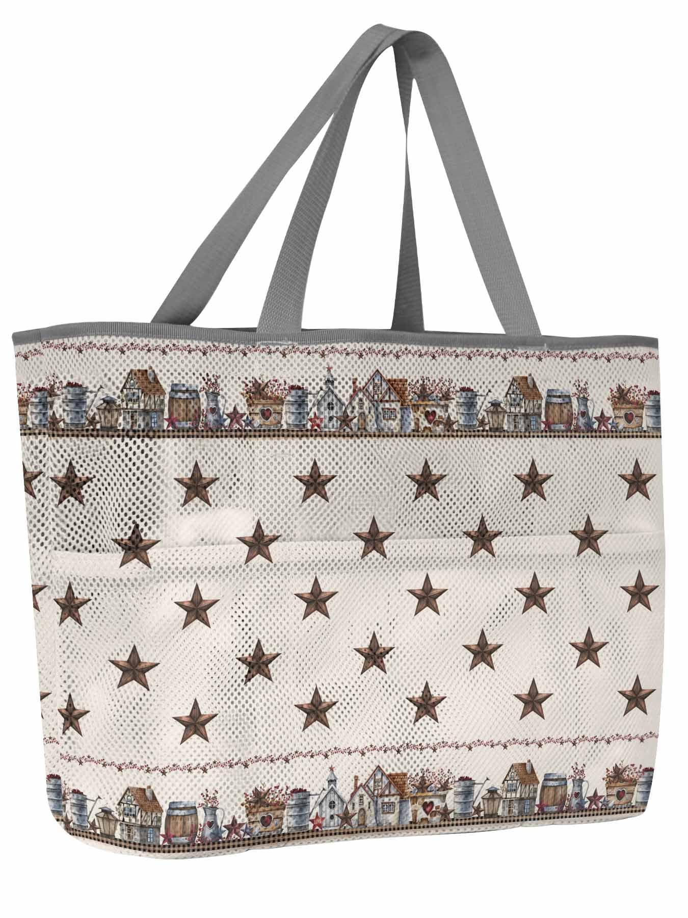 Mesh Beach Bag Oversized Tote Bags for Women Vintage Western Brown Stars Large Travel Pool Bags with 8 Pockets