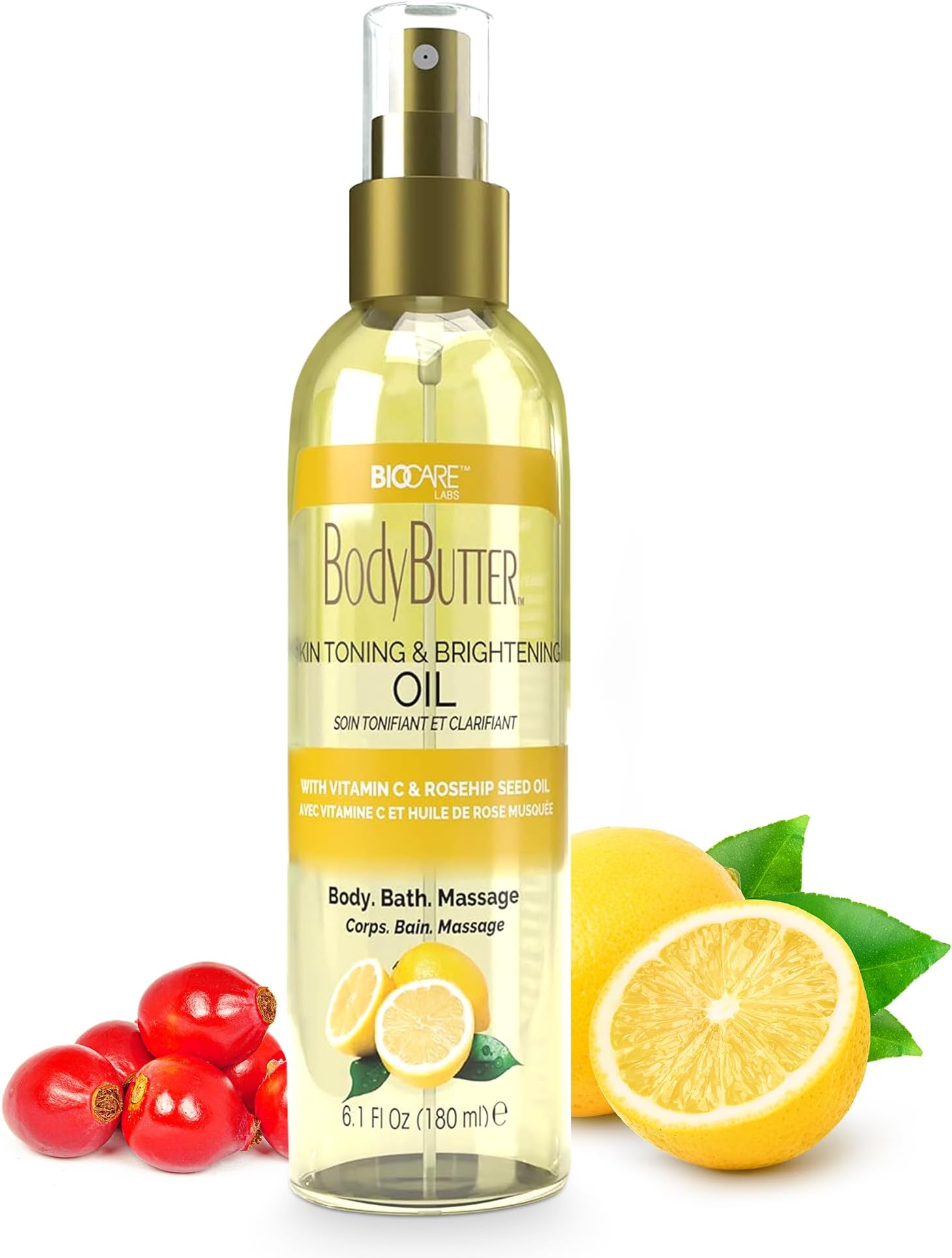 Biocare Skin Toning & Brightening Oil - Infused with Vitamin C, Rosehip Seed Oil, Vitamin E - Nourishing and Non-Greasy Body Oil for Hydrated, Radiant, Even Skin Texture and Complexion - 6 Oz