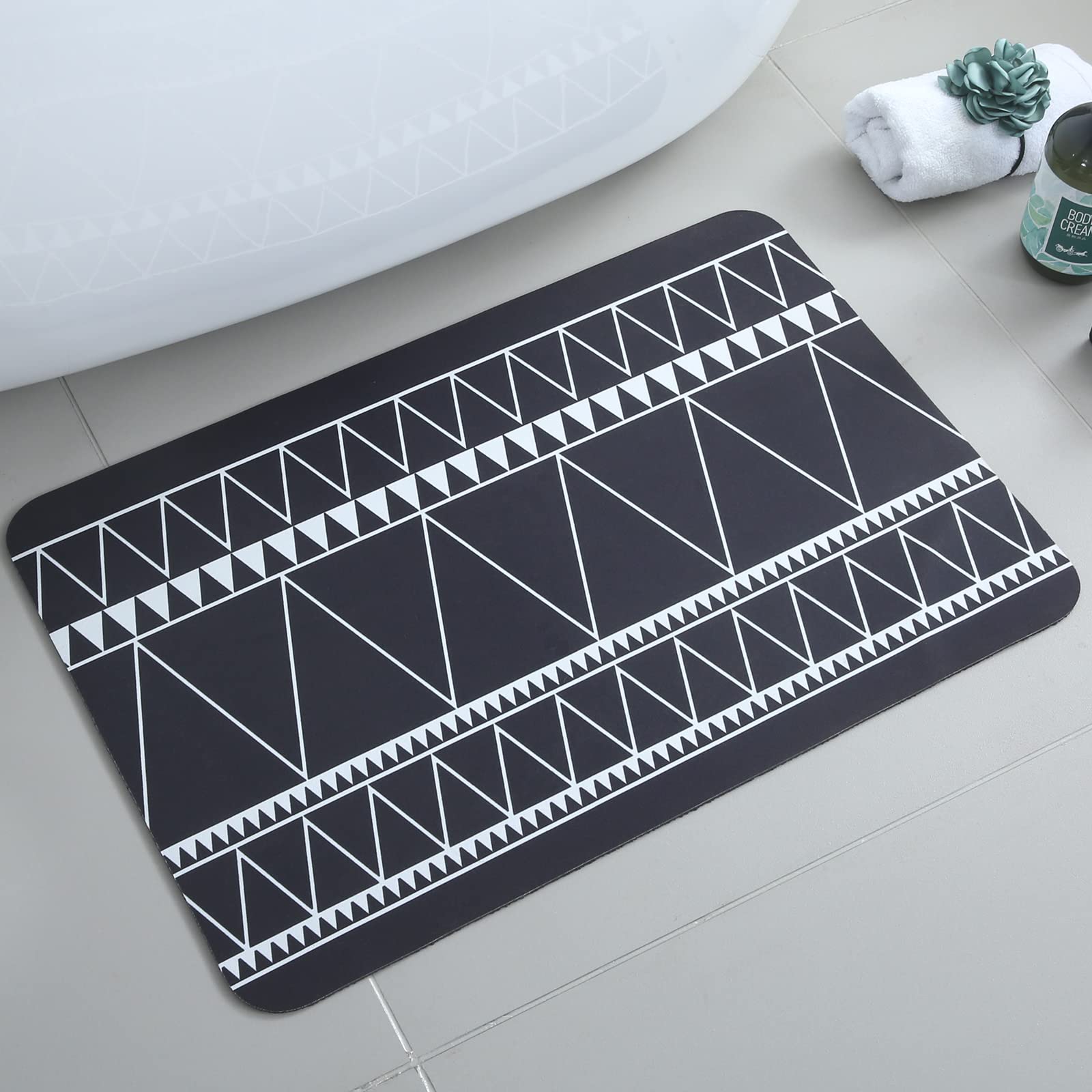 ZebraSmile Boho Diatomaceous Earth Bath Mat Rubber Back Non Slip Small Bath Mat Quick Dry Absorbent Thin Under Door Bathroom Rugs Washable Bathroom Floor Mats Shower Rug, 16x24 Inches, Black