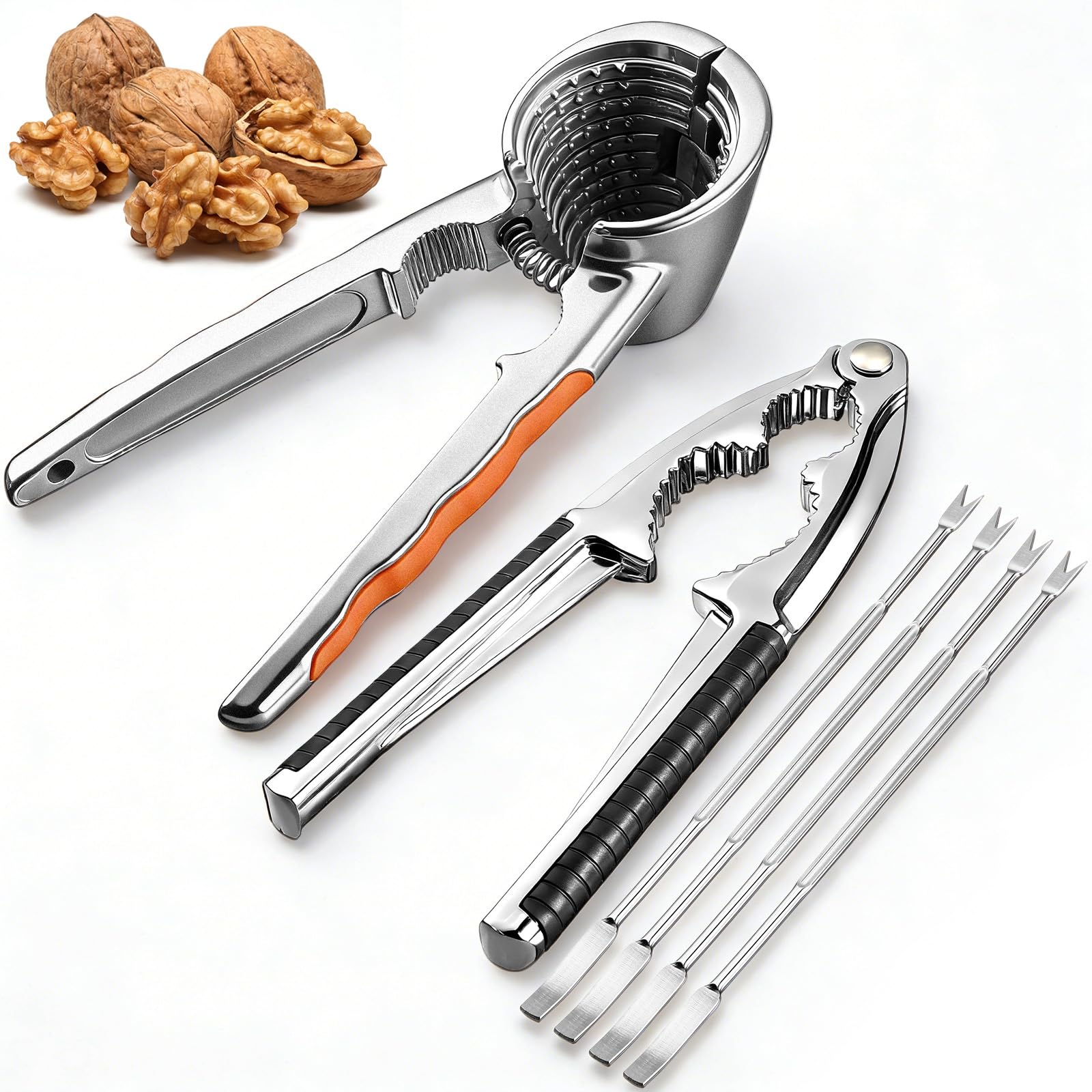 Photo 1 of [DAMAGED] Purpeak 6 Pcs Nutcracker Nut and Walnut Cracker Kit Metal Walnut Plier Opener Tool with Nonslip Handle Heavy Duty Shell Seafood Cracker Includes 4 Nut Picks Kitchen Tool for Pecan Hazelnuts Pistachio