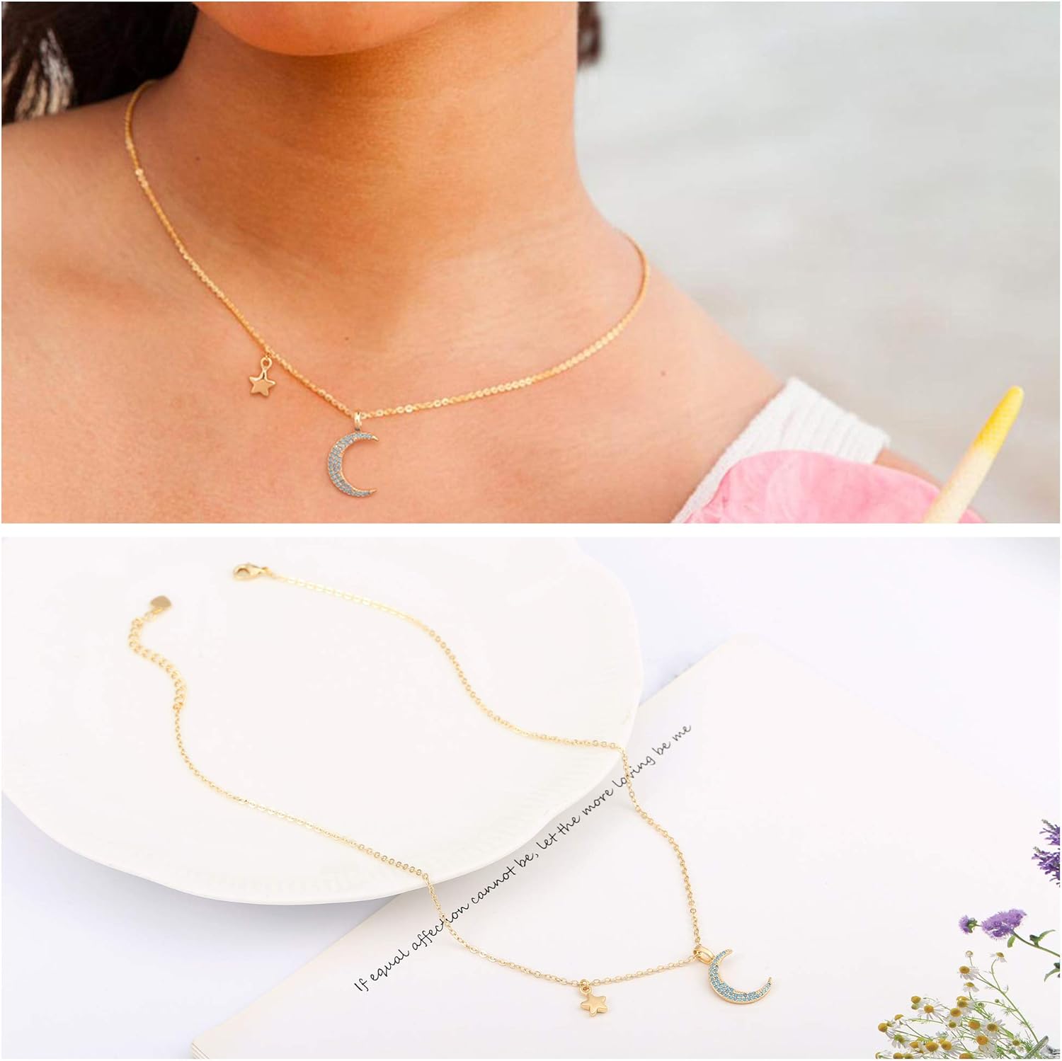 Aobei Pearl 18K Gold Plated Moon Star Lion Evil Eye Love Heart Cross Pendant Necklace Medallion Paperclip Chian Choker Layering Jewery for Women - Image 6