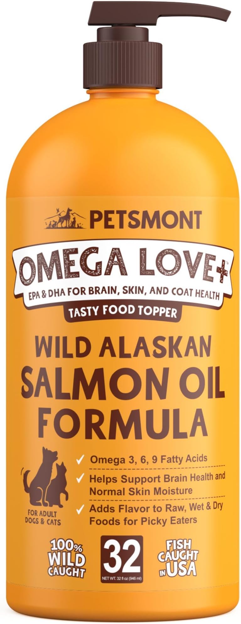 - Petsmont Omega Love+ Wild Alaskan Salmon Oil for Dogs Formula 32 oz - Fish Omega Liquid Pump Cats Supports Joint Function Immune Heart Health Food Supplement Pets Natural EPA DHA Fatty Acids