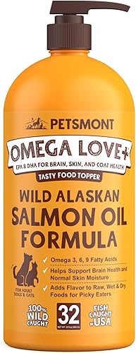 Petsmont Omega Love+ - Aceite de salmón salvaje de Alaska para perros, fórmula de 32 onzas, bomba líquida de pescado Omega para gatos, apoya la