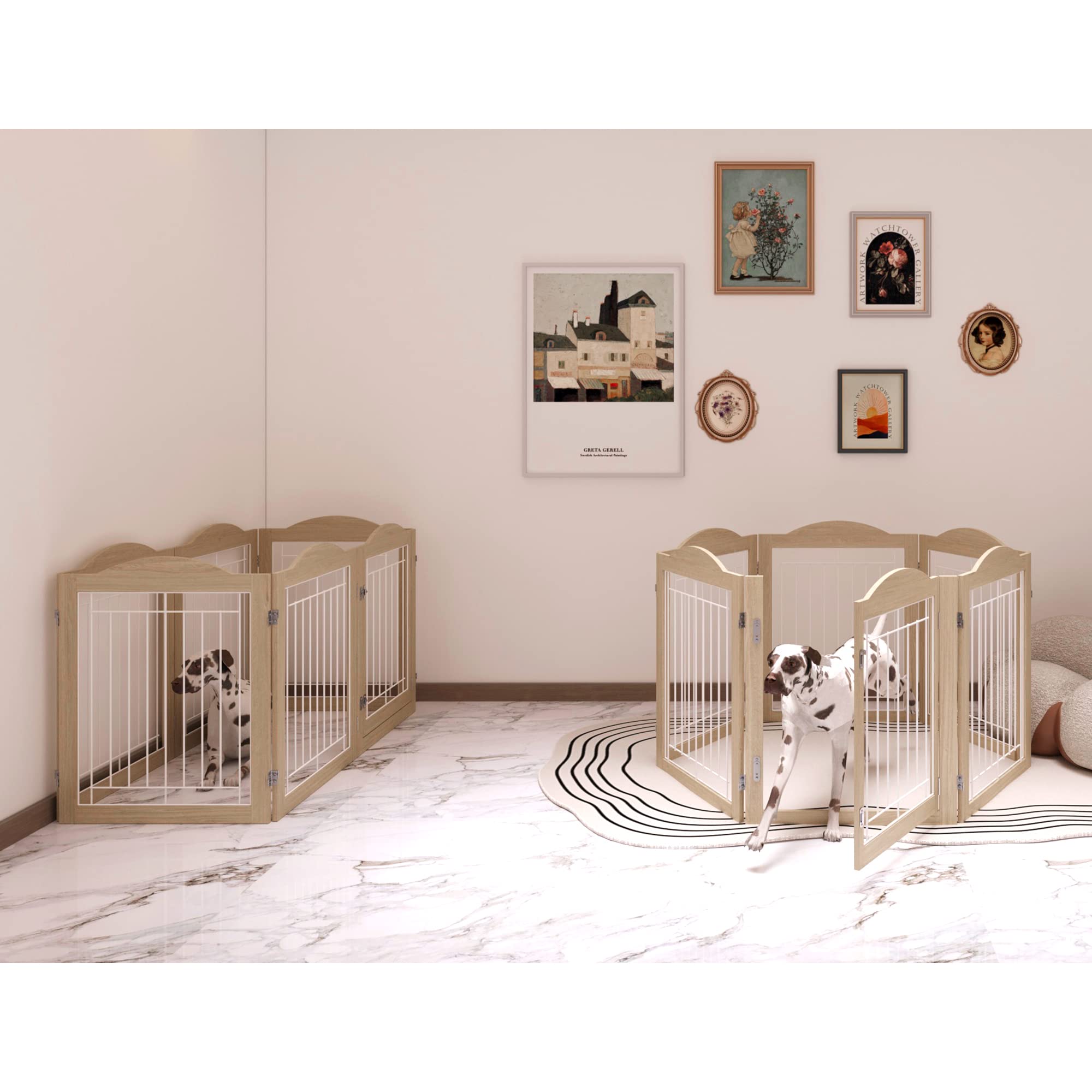 GHQ&ME No-Assembly 144" Extra Wide 30" Tall Freestanding Pet Gate with Door Walk Through, Accordion Folding Dog Gate for Doorways, Indoor Playpen Puppy Fence with 2PCS Support Feet - Natural White