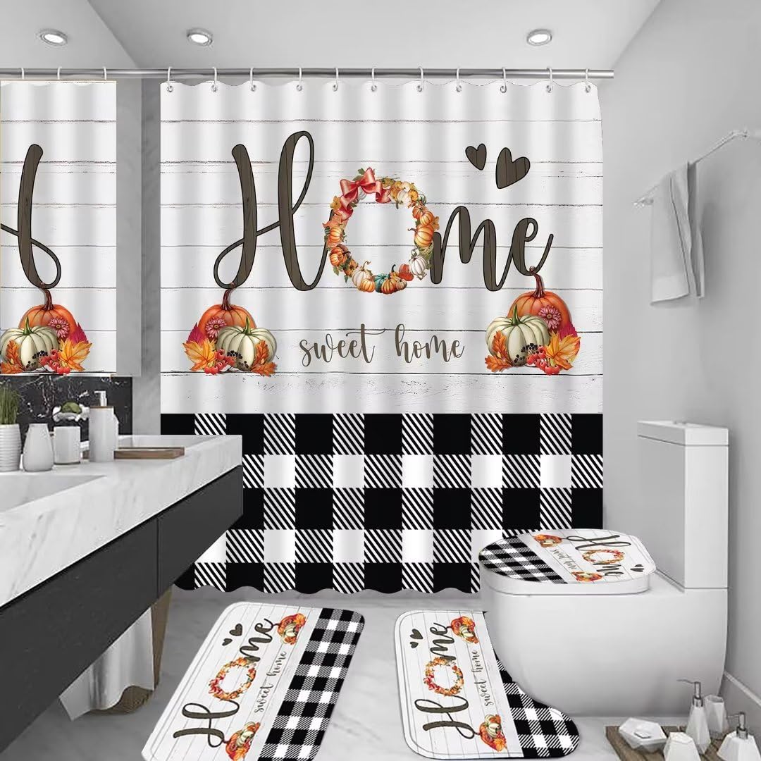 FZDHHY 4PCS Fall Bathroom Set Pumpkin Shower Curtain Set Thanksgiving Bathroom Decor Set Autumn Shower Curtains for Bathroom with 12 Hooks 72x72 inch