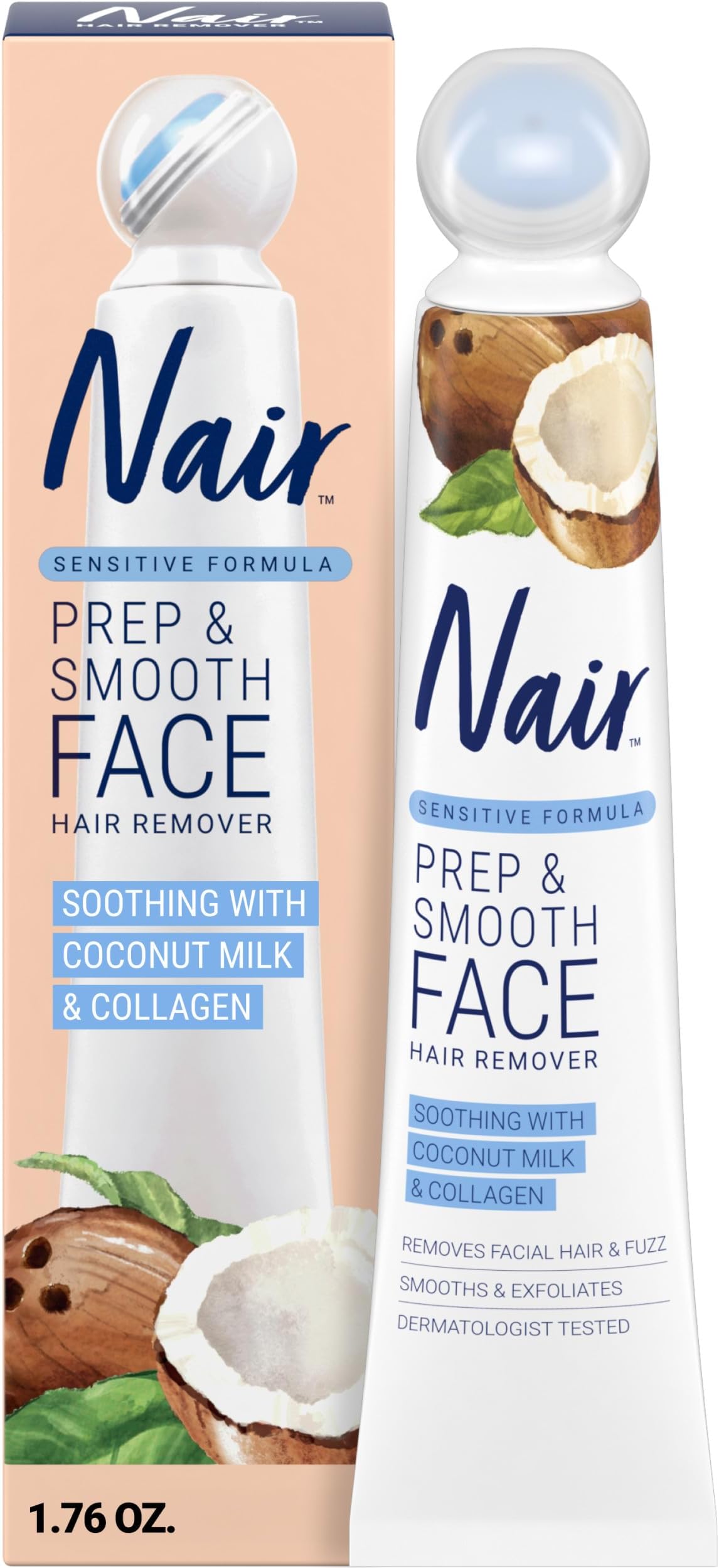 Prep and Smooth Face, Facial Hair Removal for Woman, Touch Free Hair Removal Cream, with Sensitive Coconut Milk and Collagen for Skincare, Dermatologist Tested, 1.76 oz