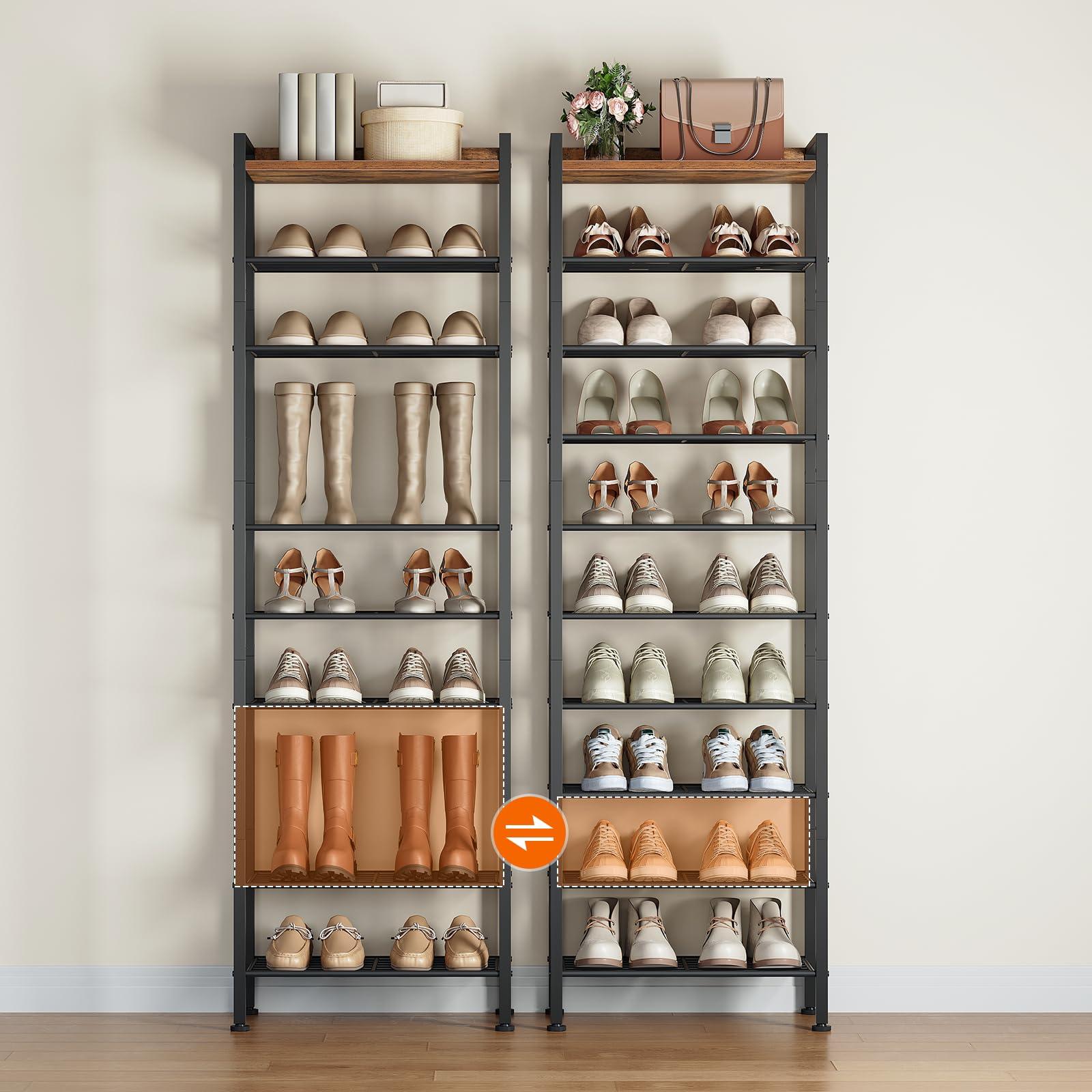 HOOBRO Estantería para Zapatos de 10 Niveles, Zapatero con Baldas Extraíbles, Estante Zapatero Estrecho para Recibidor, Vestíbulo o Sala, Marrón Vintage y Negro EBF11XJ01