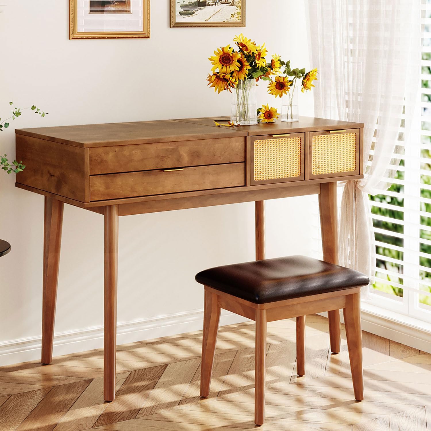 Makeup Vanity Desk with Mirror, Rattan Farmhouse Table 3 Drawers, 8 Storage Box, Dressing Set Cushioned Chair for Bedroom,White (Brown)