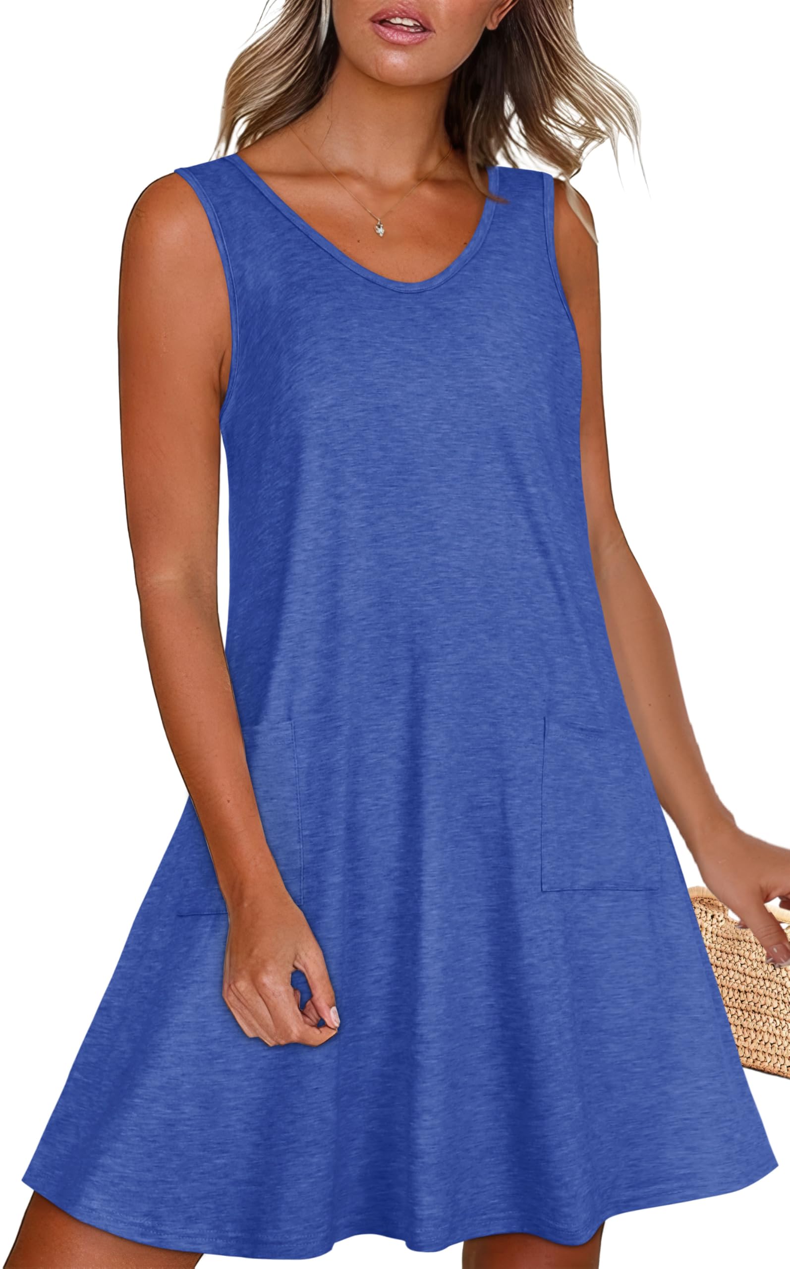 Womens Summer Dresses Casual V Neck Sleeveless Pockets Beach Loose Sundress | 2026 Loose Tank Sun dres with pockets, Casual Beach Cover Up, Fashion Vacation Outfits, Tshirt Floral Boho A-Line Flow Dress