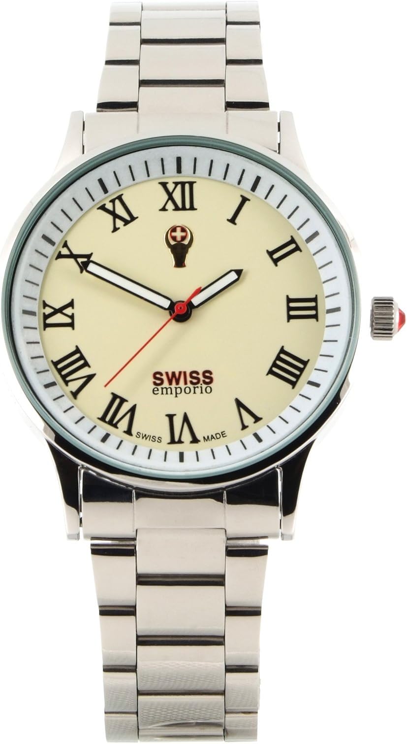 Swiss Emporio Men's Quartz Swiss Made Watch with Beige Dial Analogue Display and Silver Stainless Steel Bracelet SE01CRSL50