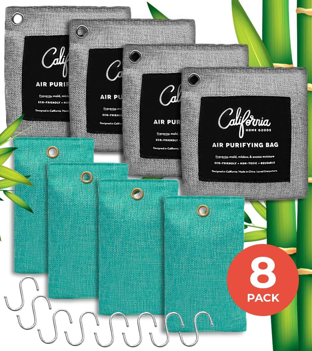 Bamboo Charcoal Air Purifying Bag 8-Pack, Activated Charcoal Odor Absorber Bags w/Hooks, Natural Air Freshener, Odor Eliminators for Home, Car Freshener, Room Air Freshener Charcoal Bags