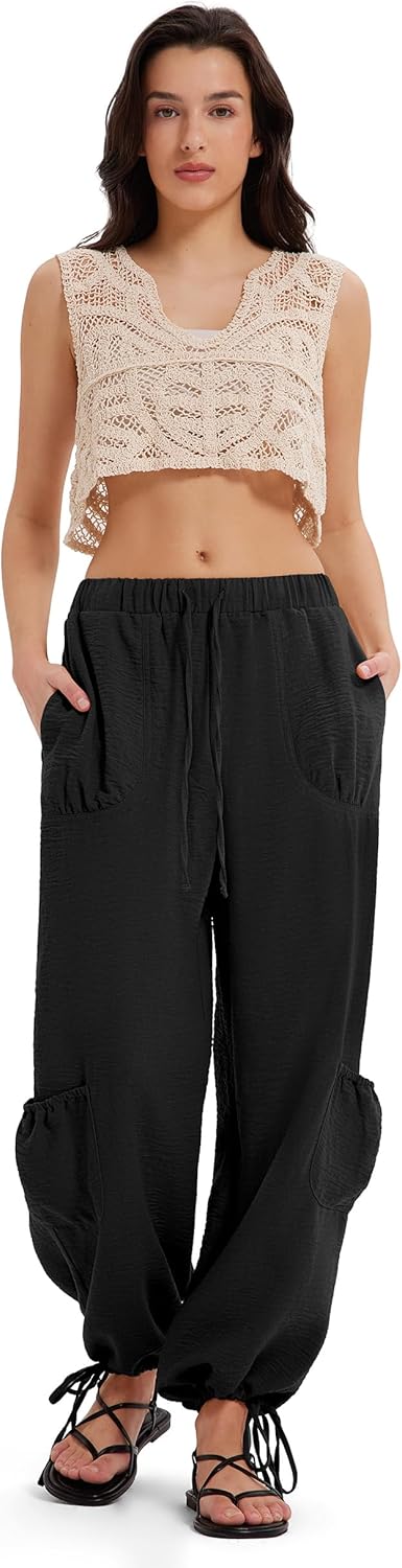MOOSLOVER Women Linen Summer Cargo Pants Drawstring Pocket Straight Leg Trousers Beach Travel Palazzo Pant - Image 2