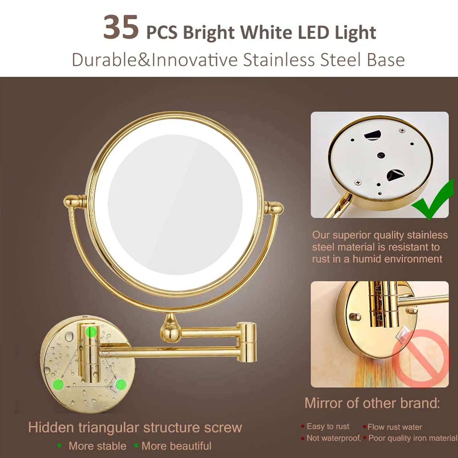 Lustro ścienne do makijażu ze światłami, 2-stronne podświetlane lustro powiększające, lustro łazienkowe obracane o 360 stopni, składane, LED, złoto, 5x, wtyczka