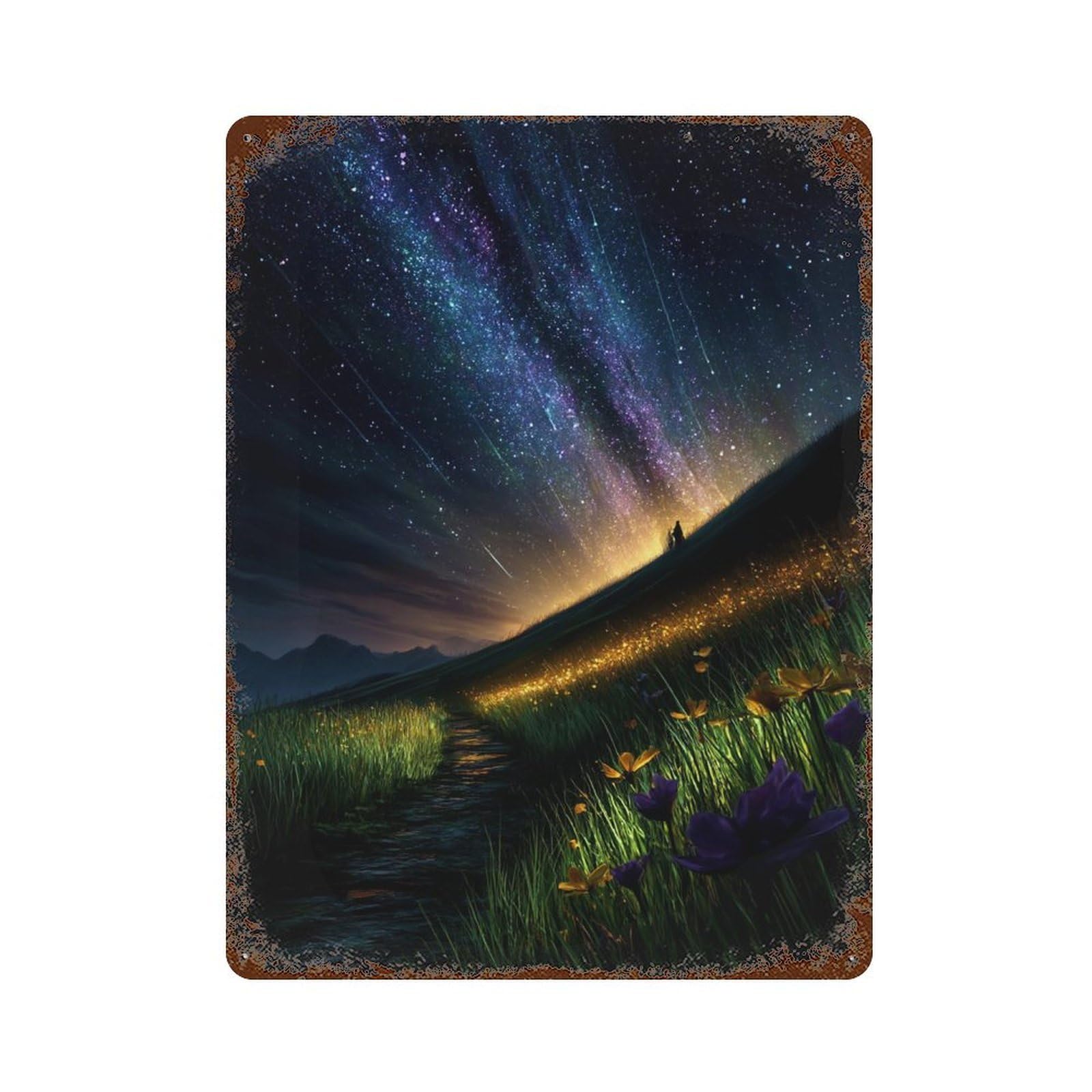 Starry Night Pathway Rust Effect Tin Sign 15.7"x11.8", Retro Wall Decor for Pub, Kitchen And Man Cave Decor