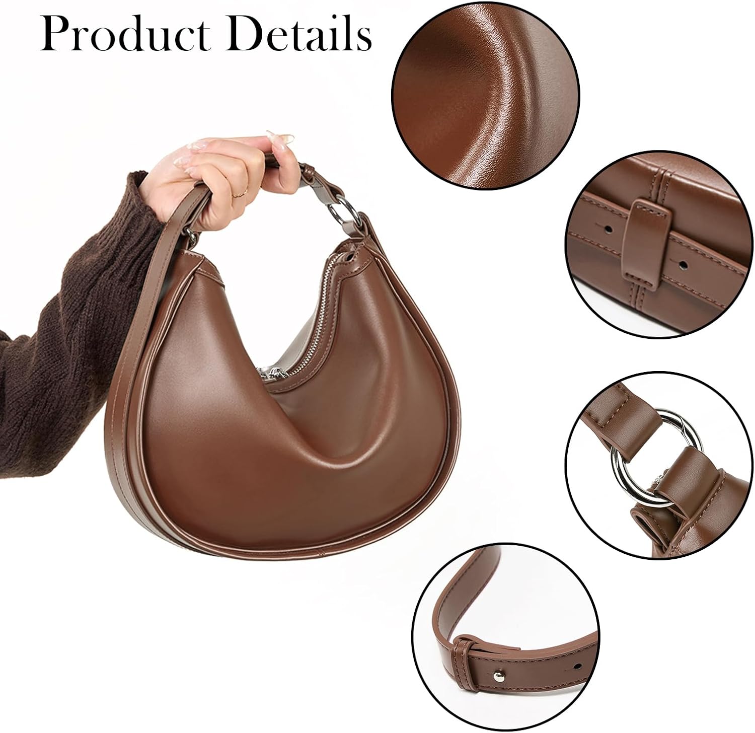Genuine Leather Shoulder Bags for Women, Hobo Tote Purses Clutch Handbag, Crescent Bag with Adjustable Strap