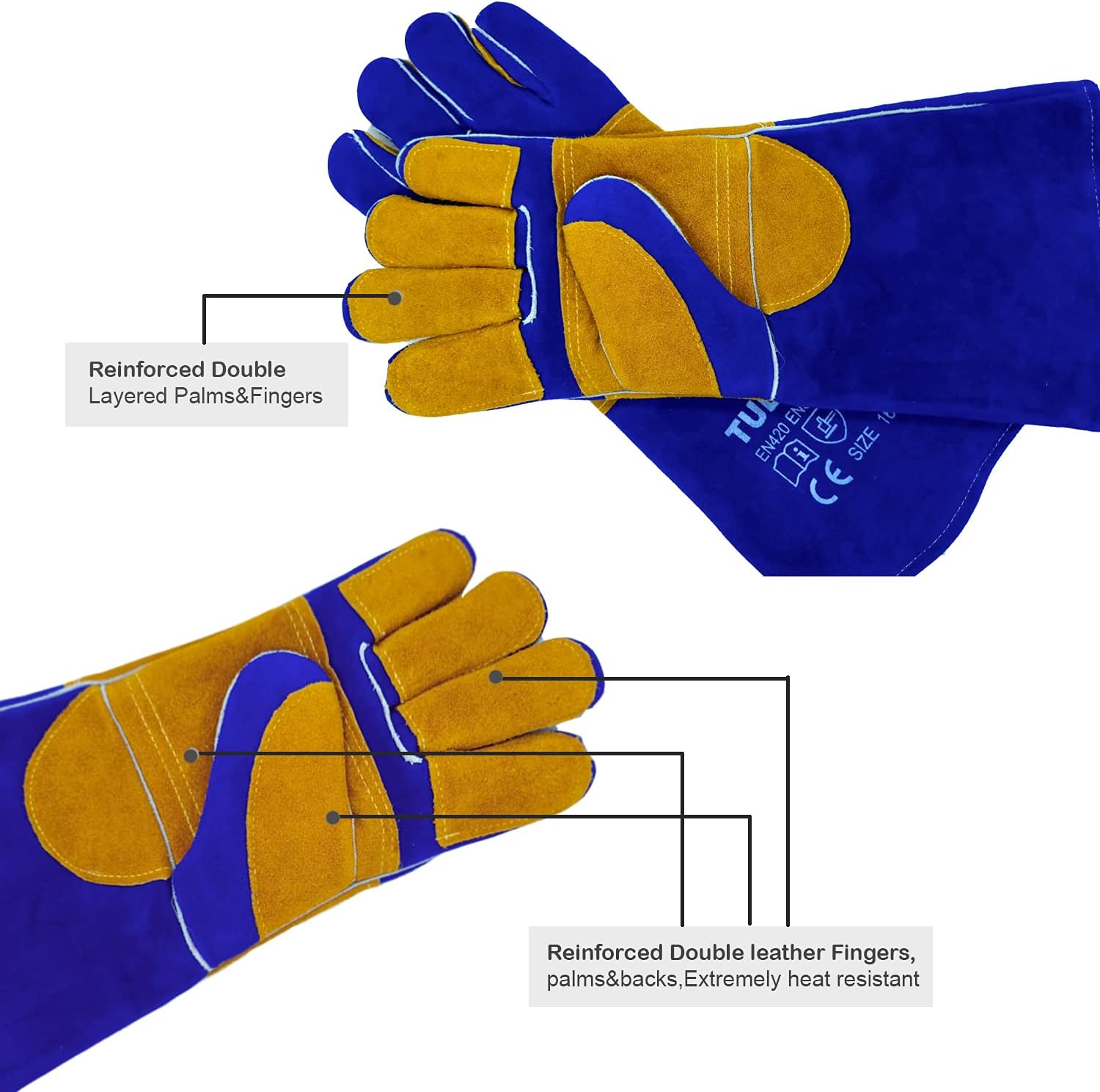 TULGIGS 16inches 932℉ Premium Leather Welding Gloves Gauntlets Extreme Heat & Abrasion Resistant BBQ Grilling Leather Welders Glove Mitts With Reinforced Thumb Strap (Blue) - - 