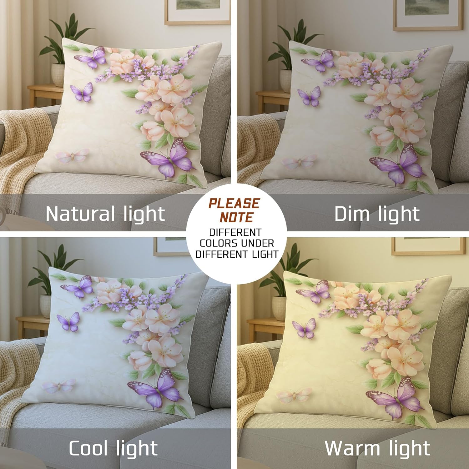 Purple Butterflies and Peach Blossoms Floral Butterfly Throw Pillow Covers Set of 2, Spring Decor for Couch Sofa Bed Decorative Cushion Cases, Cream, 26x26 Inch