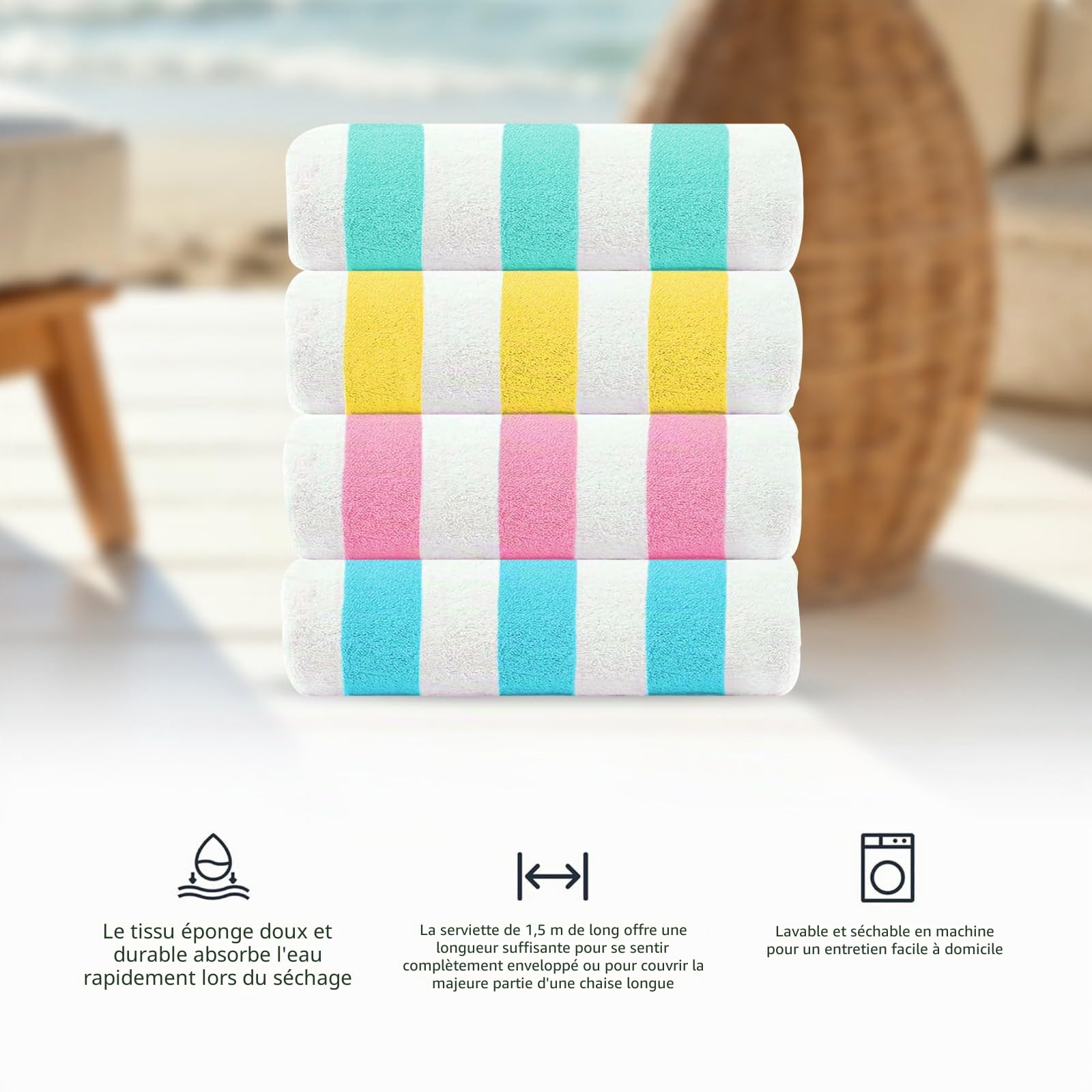 Casa Copenhagen Lot Cadeau de 4 Serviettes de Plage Cabana aux Rayures Design Turquoise, Citron, Rose, Bleu Glacier XL Taille 76x152cm 100% Coton pour Piscine et Bain Coffret pour Femmes et Hommes