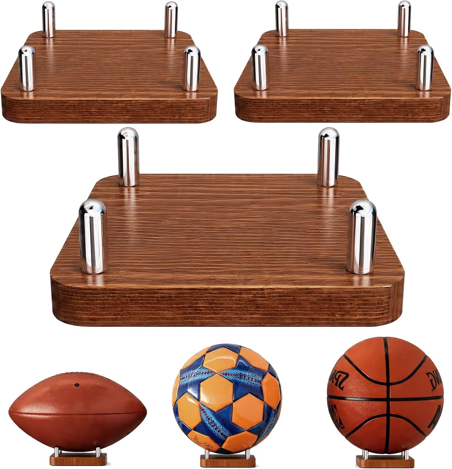 Happyseason 3 Pack Wood Football Display Stand, Basketball Display Stand, Square Ball Holder for Volleyball & Soccer, Sports Memorabilia Display Rack for Autographed Balls, Easy Assembly