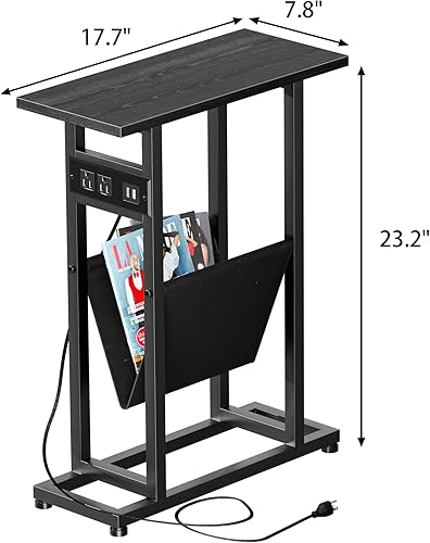 Miniatura 3 de Juego de 2 mesas auxiliares estrechas con estación de carga, mesas auxiliares delgadas con almacenamiento, mesas auxiliares delgadas para espacios