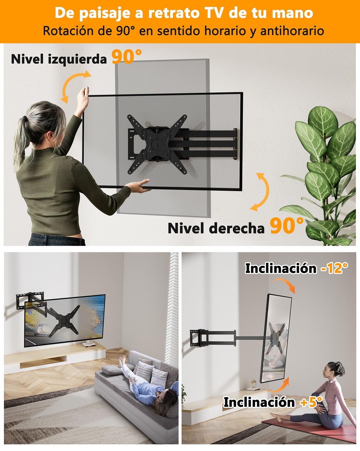 Soporte de Pared para TV de Largo Alcance con Brazos Articulados 1219mm, Soporte Pared TV con Giro e Inclinación de 90 Grados para Televisores de 26 a 65 Pulgadas de hasta 50kg, VESA 400x400mm
