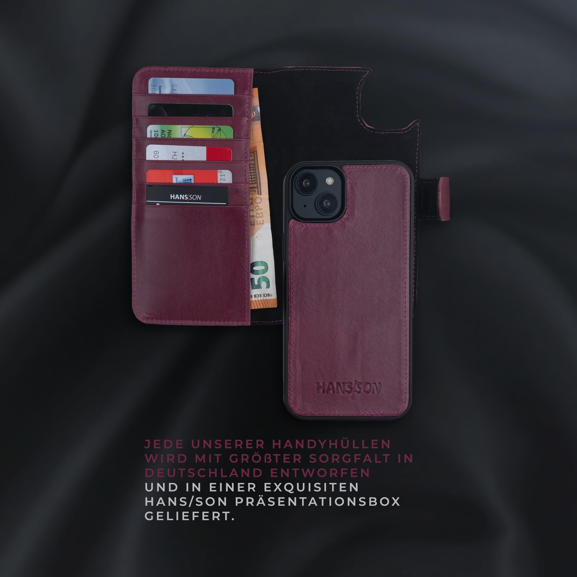 HANS/SON Echt-Leder-Handyhülle für iPhone 14 – Schmale 2 in 1 Klapphülle mit Kreditkartenetui, Magsafe kompatibel, perfekte Passform, stoßfest, Standfunktion, 6,1 Zoll – Magenta
