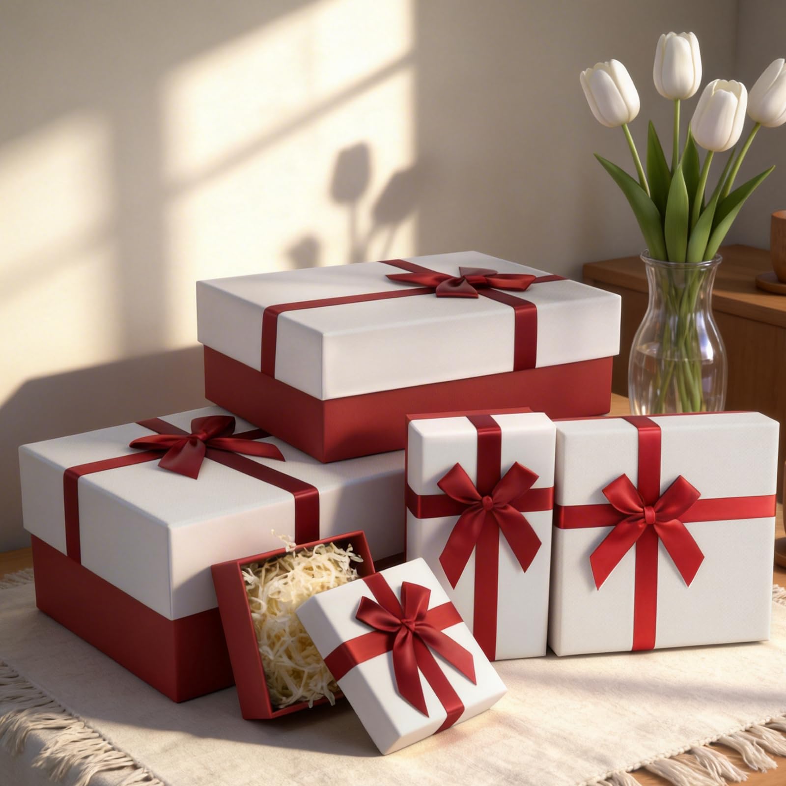 Coffret cadeau avec couvercles pour cadeaux, un ensemble de 5 boîtes pour cadeaux, coffrets cadeaux de luxe avec ruban pour toutes les occasions (rouge/blanc)