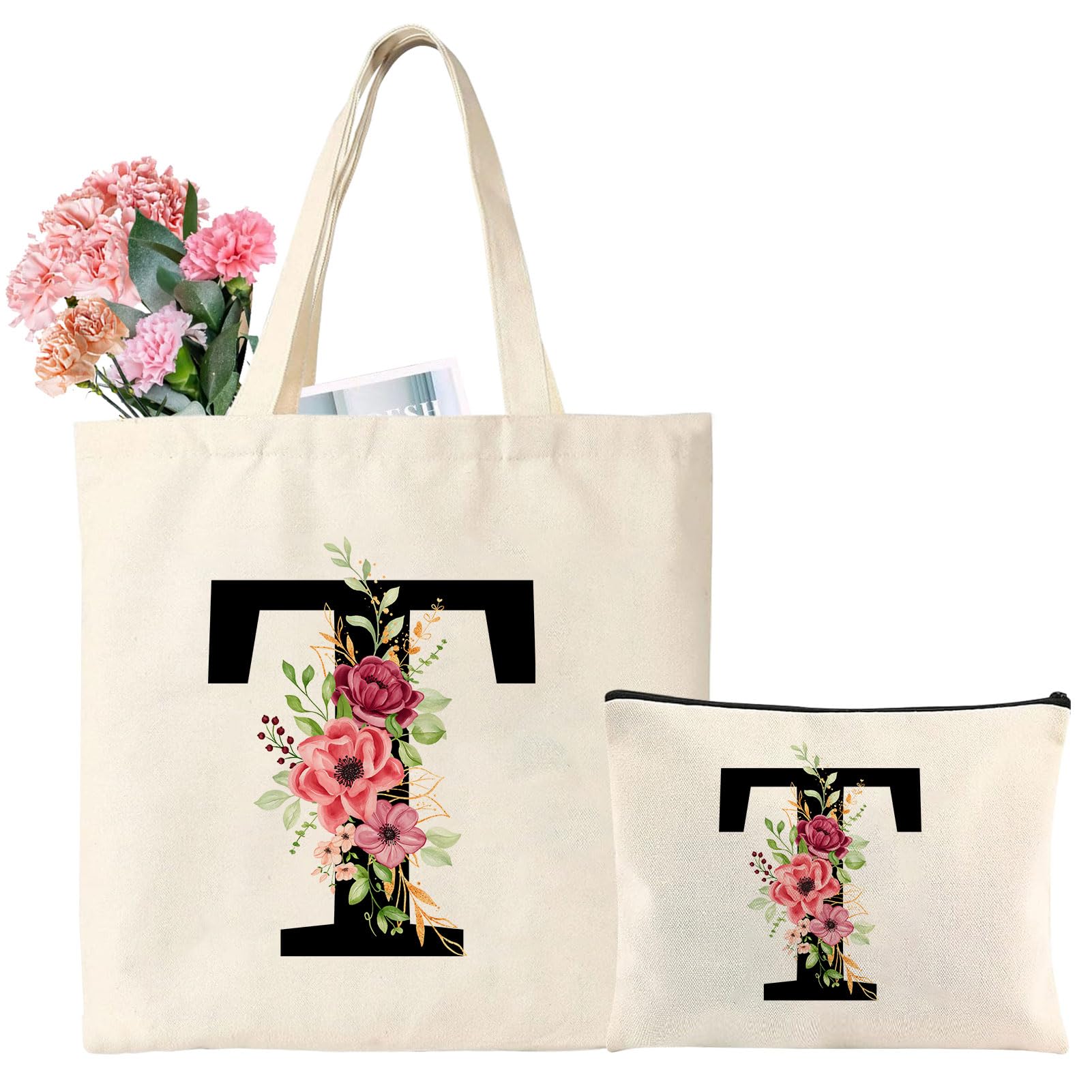 Sac Tote Personnalisé Avec Initiales Fleuries - Cadeau Parfait Pour Femme, Maman Ou Amie