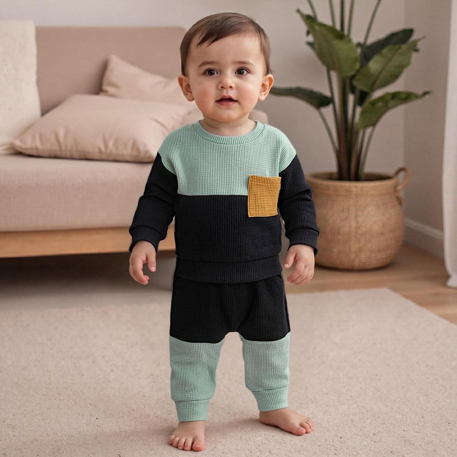 Kupretty Toddler Baby Boy Fall Winter Clothes Color Block Waffle Outfit Sweatshirt Pullovers + Pants Set 6 12 18 24 Months - Image 3