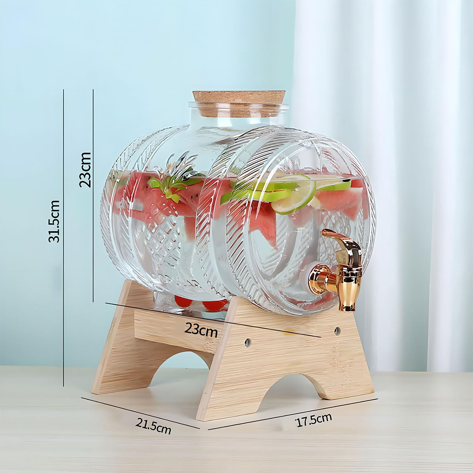 Dispensador de bebidas de vidrio con tapa de corcho de madera y soporte de bambú, grifo ABS para jugo, agua, té y bebidas, capacidad de 5 litros, perfecto para fiestas y eventos