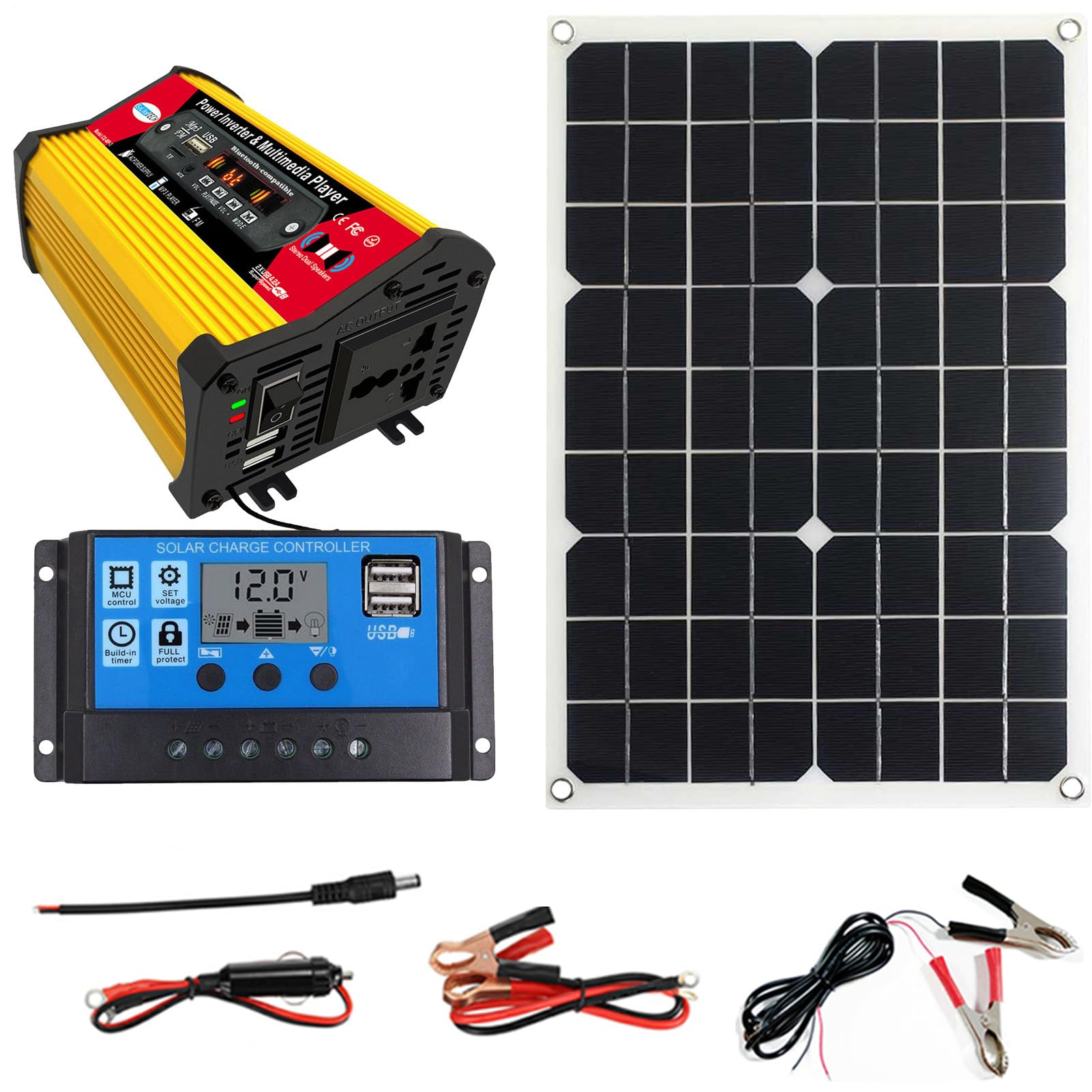 Solarsystem 4 kWh – Panel, 18 W, 12 V, 30 A Controller und integrierter Wechselrichter | Solarenergie-Set mit Multimedia-Player, perfekt für Camping, Reisen im Freien und mobile Anwendungen
