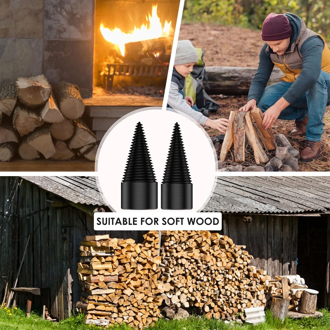 Firewood Drill Bit Set, Wood Log Splitter Firewood Drill Bit, 42mm/32mm Wood Splitter Drill Bits, Log Splitter Drill Bits with Anti-Slip Gloves and 4 Drilling Handles, for Dry Soft Woods (Set-B)