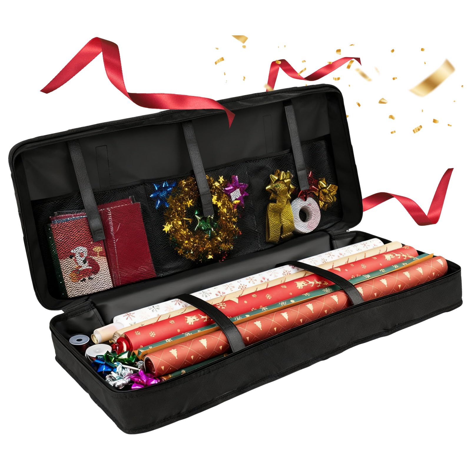 Organizer Carta Regalo in Tessuto Oxford 600D,Borsa per Carta Regali Rotolo con Cerniera e Manici 82 x 12 x 34 cm,Custodia per Pacchetti Regalo con Scomparti per Rotoli e Nastri