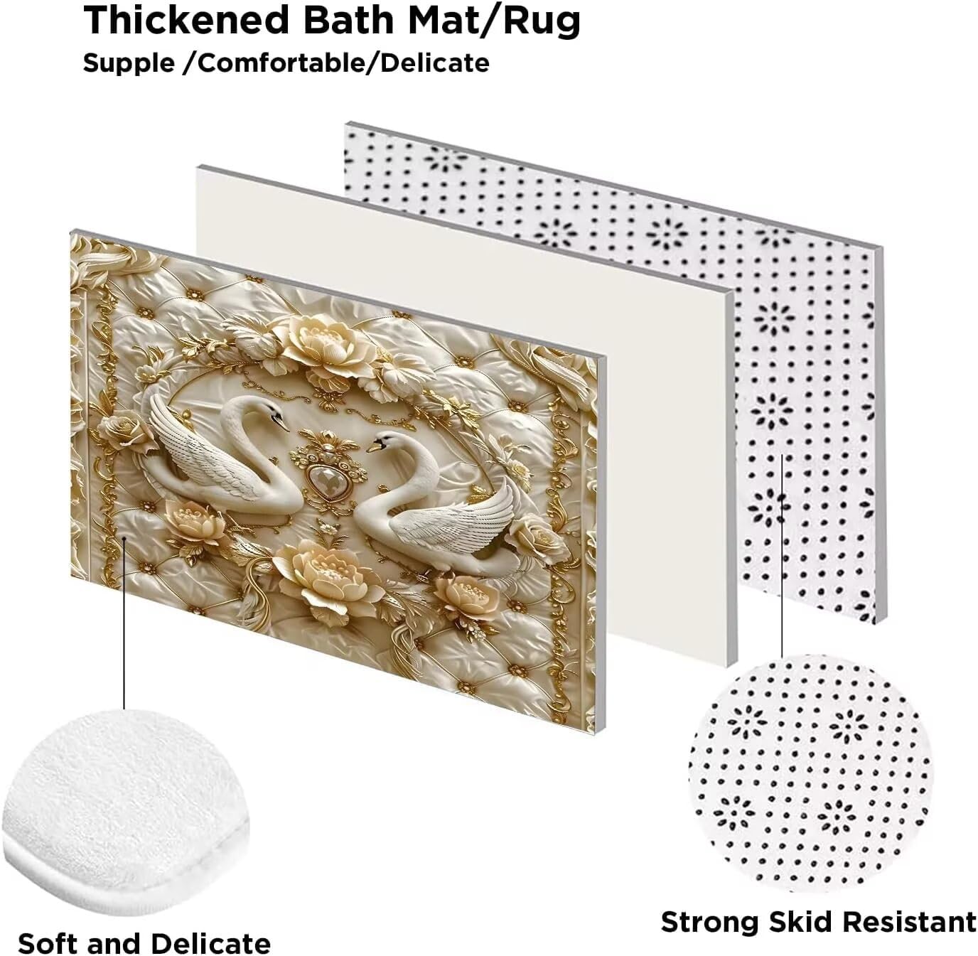 DDQQ 4Pcs 3D Swan Shower Curtain Sets with Rugs Swan Pearl Bathroom Set