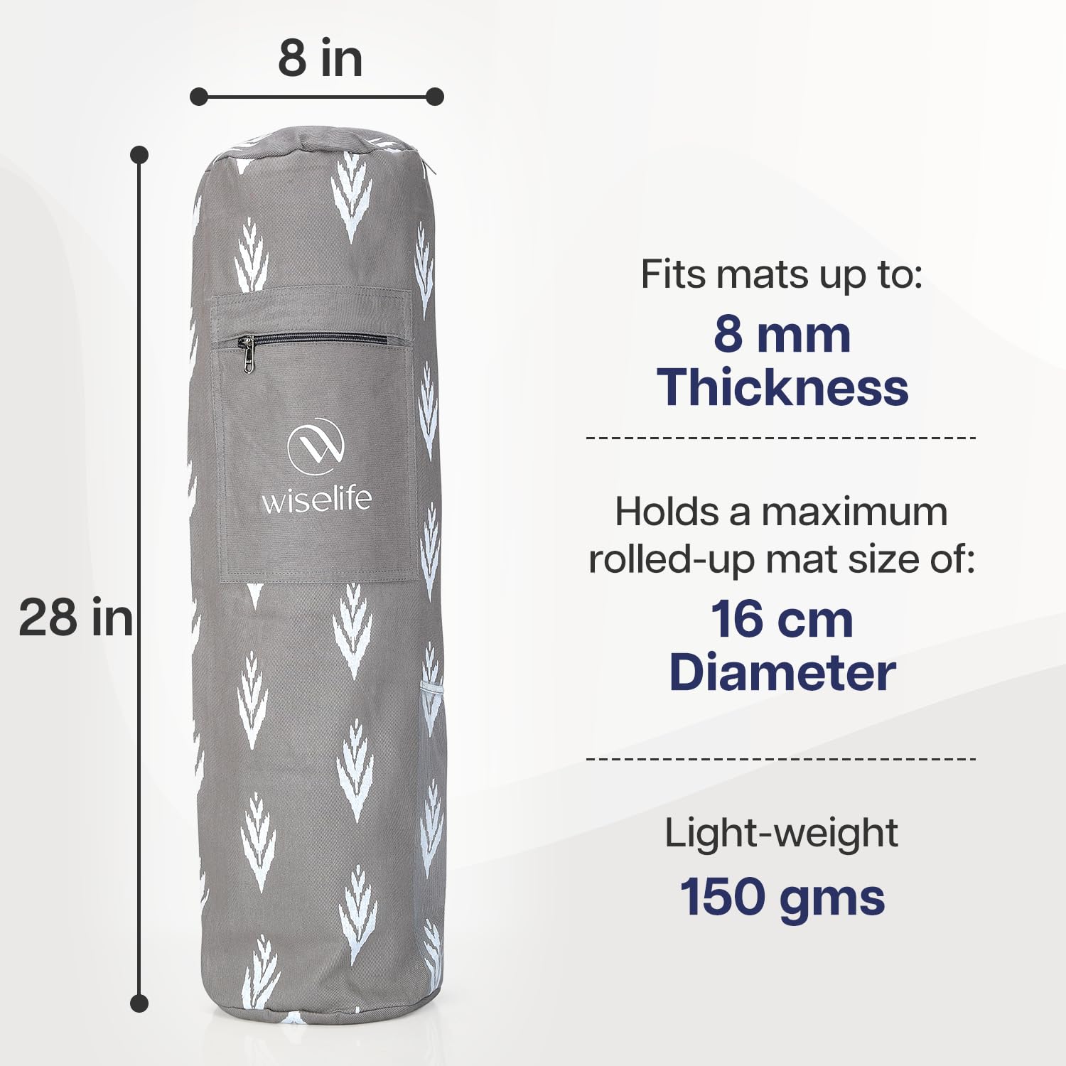 Wiselife Yoga Mat Bag Premium Carry Bag, Full Easy Access Zip, Multi Functional Storage Pockets & Adjustable Shoulder Strap (Grey Ikkat)