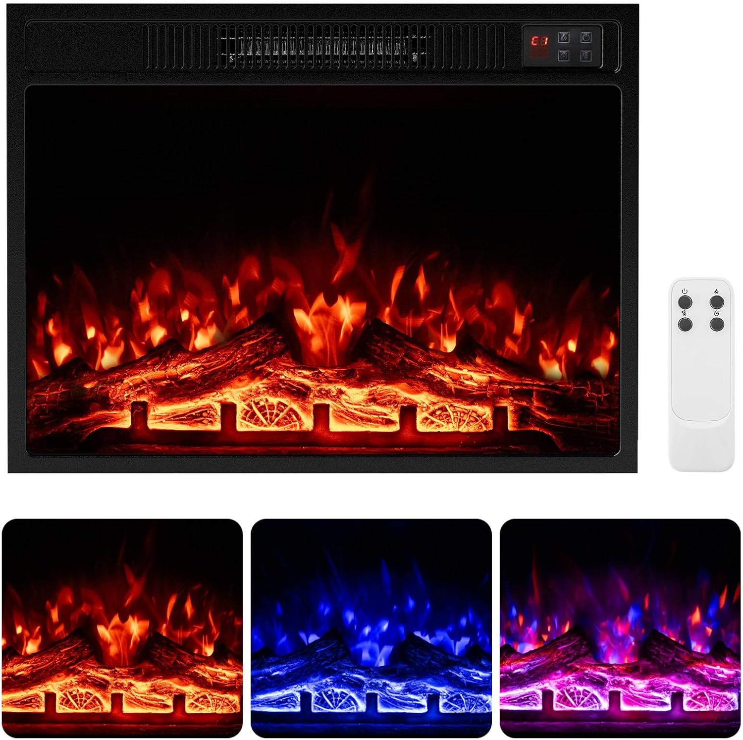 COSTWAY 23 Inches Electric Fireplace Insert, 750W/1500W Fireplace Heater with Remote Control, Adjustable Flame Color & Brightness, 1H-8H Timer, Thermostat and Overheat Protection Log - Thumbnail 2