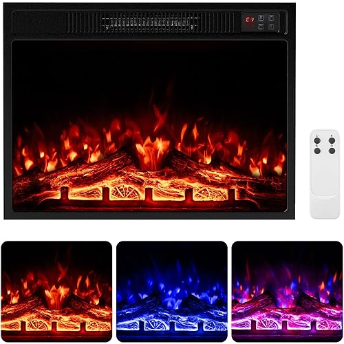 COSTWAY 23 Inches Electric Fireplace Insert, 750W/1500W Fireplace Heater with Remote Control, Adjustable Flame Color & Brightness, 1H-8H Timer, Thermostat and Overheat Protection Log