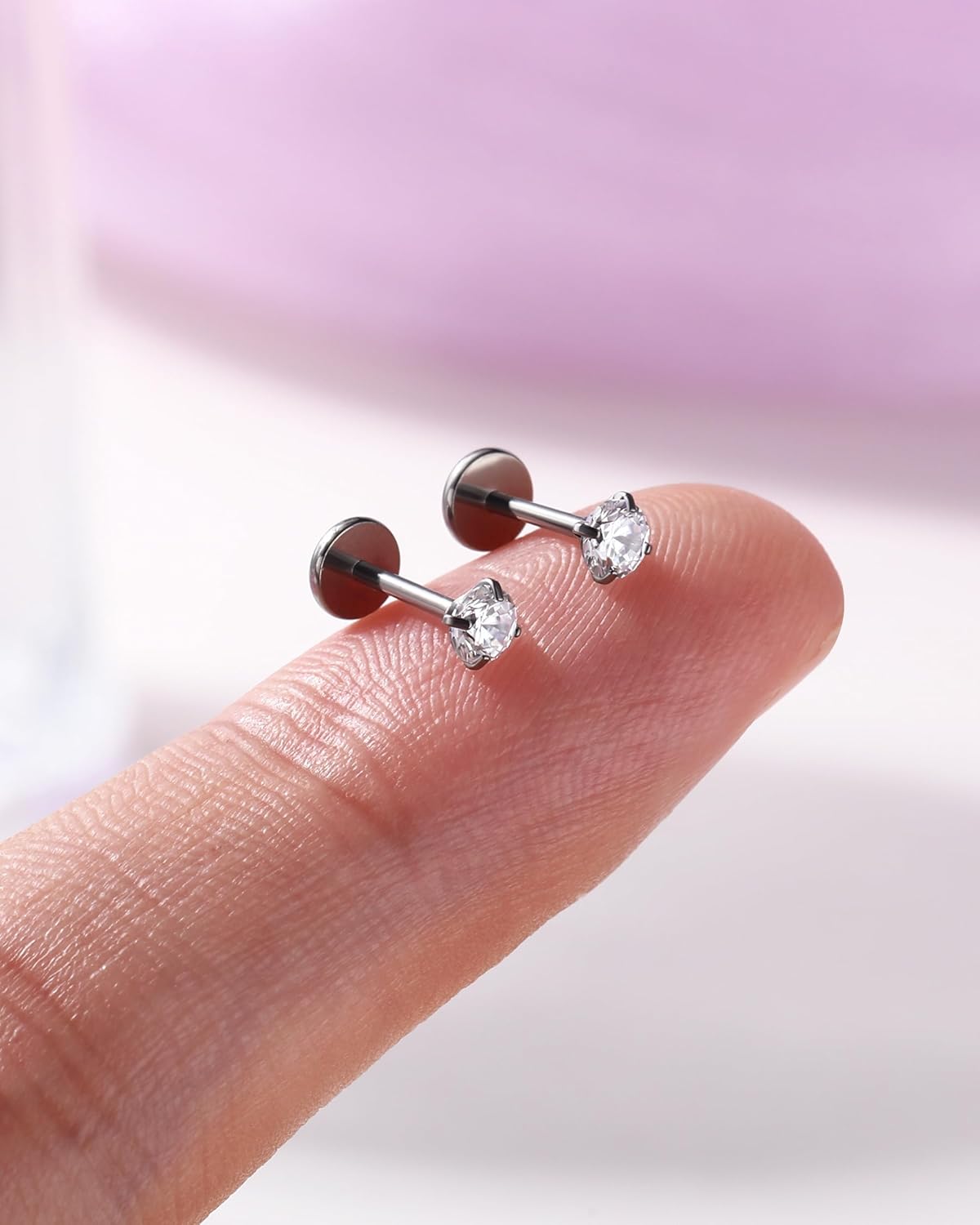 Jewseen 2PCS 20G/18G/16G Titanium Flat Back Nose Studs Internally Thread Cartilage Earring Studs Clear CZ Helix Tragus Earrings for Women Medusa Labret Stud Conch Piercing Jewelry Hypoallergenic - Image 6