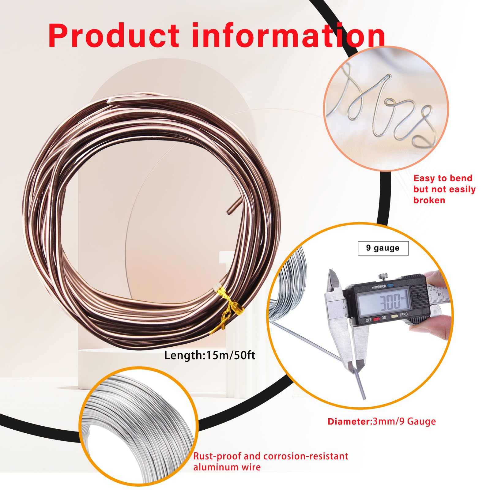 9 Gauge 3mm Brown Aluminum Craft Wire,50 Ft/15m Bendable Metal Crafting Wire for Sculpting,Bike Modelling Skeleton Crafting Floral Making Wire,Jewelry Making Wire,Binding Wire Xmas Wreath Wire - Image 2