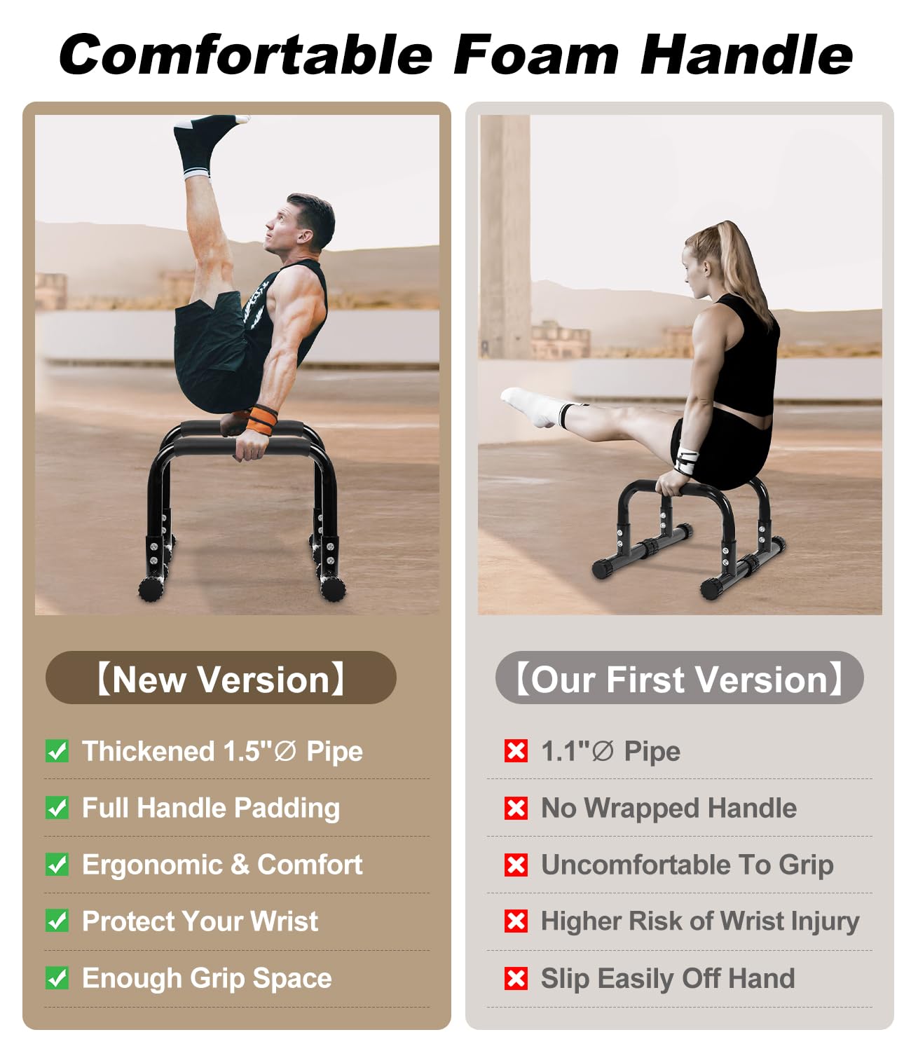 TABEKE Push Up Bar, 14'' High Steel Parallettes & Dip Bar with Full Coverage Foam Handle, Heavy-Duty Calisthenics Parallel Bars for L-Sit, Dips, Home Gym Strength Training Workout