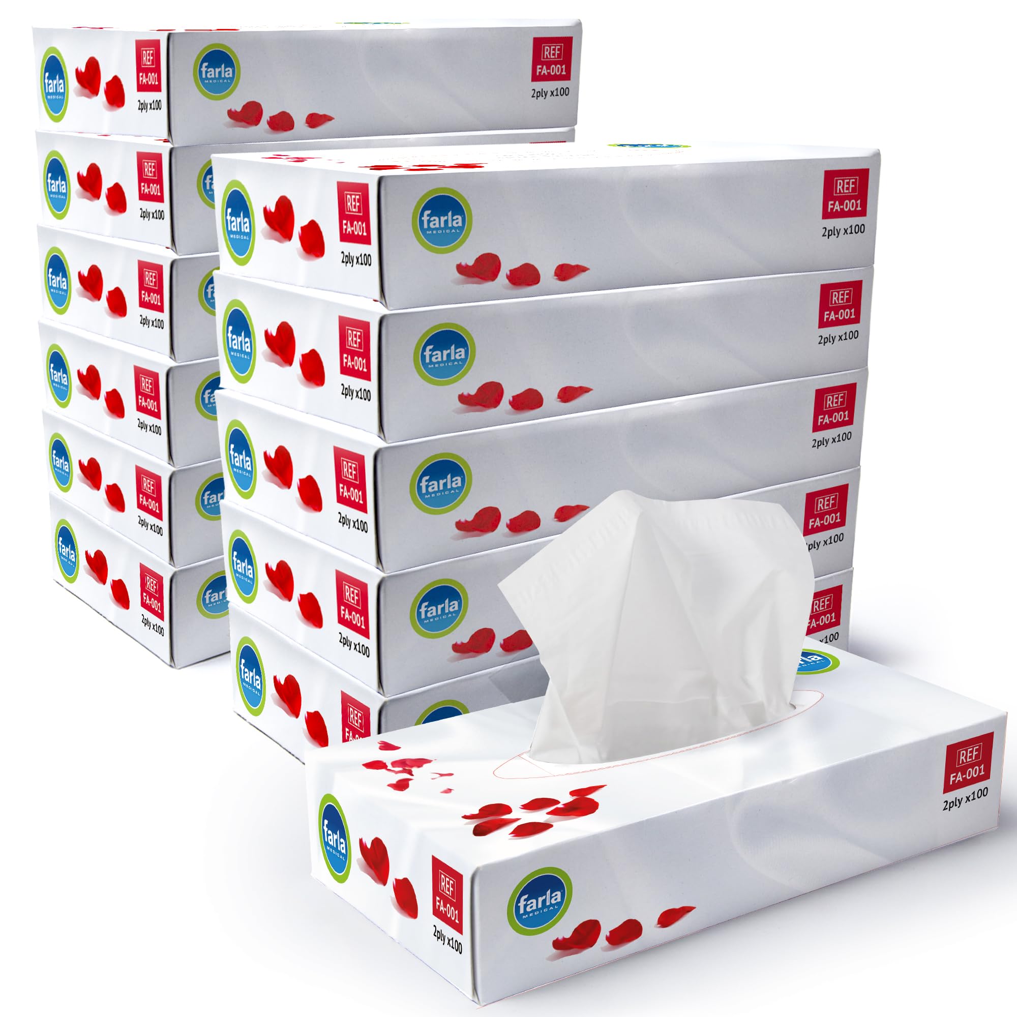 Farla Medical Healthcare Facial Tissues, Pack of 12 Tissue Boxes - 2-Ply, 100 Sheets Soft White Tissue Paper - Versatile for Home, Office, Schools & Healthcare - Fits Standard Tissue Dispensers