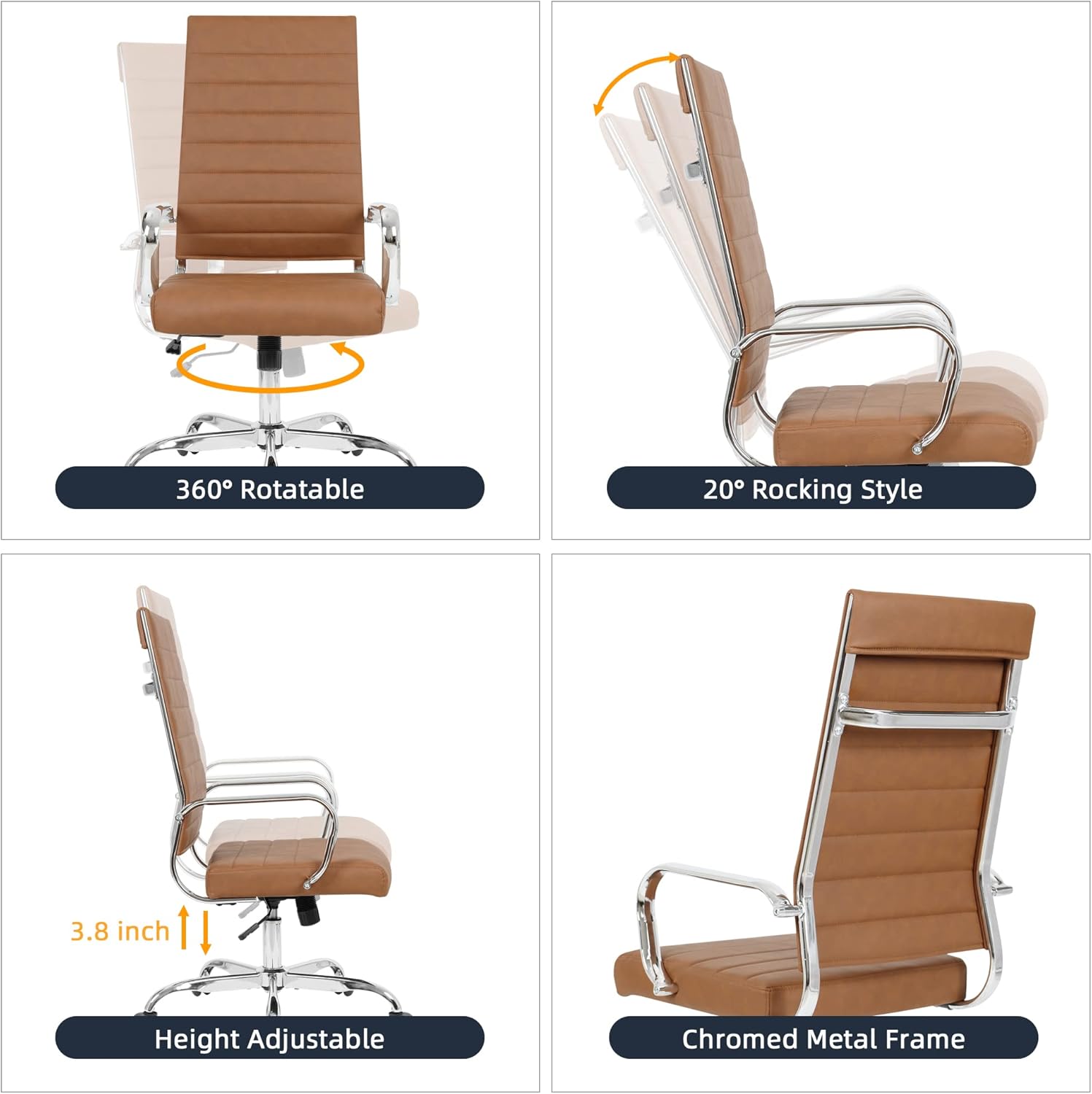 LANDSUN Home Office Chair High Back Executive Chair Ribbed Leather Computer Desk Chair with Armrests Soft Padded Adjustable Height Swivel Modern Conference Chrome Brown