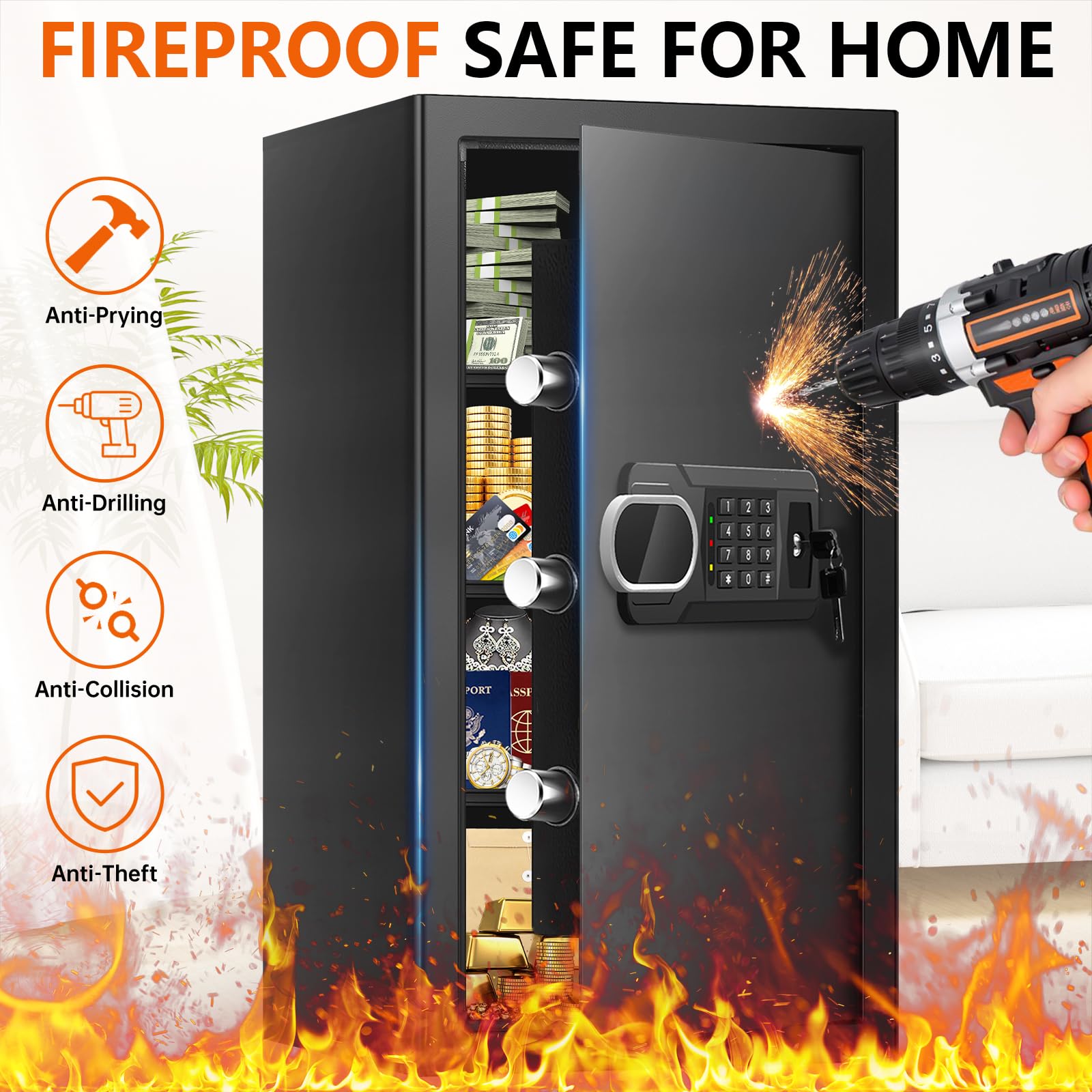 6.1 Cuft - Cassaforte extra large per denaro, impermeabile, cassaforte personale per la casa con serratura a combinazione digitale, luce LED e 3 ripiani rimovibili, cassetta per documenti antincendio