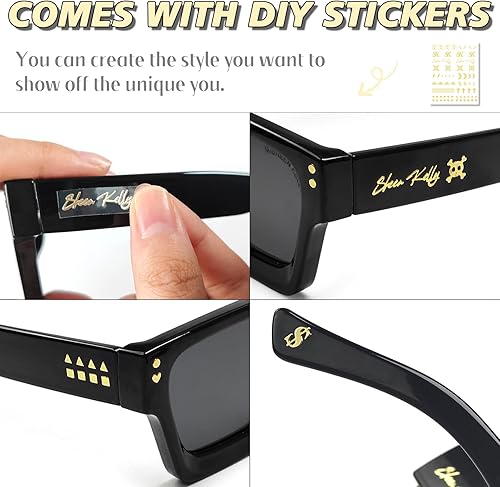 Miniatura 5 de SHEEN KELLY Lentes de sol cuadrados retro para hombres y mujeres, a la moda, rectangular, grueso, marco grueso, negro, lentes de moda de los años 90