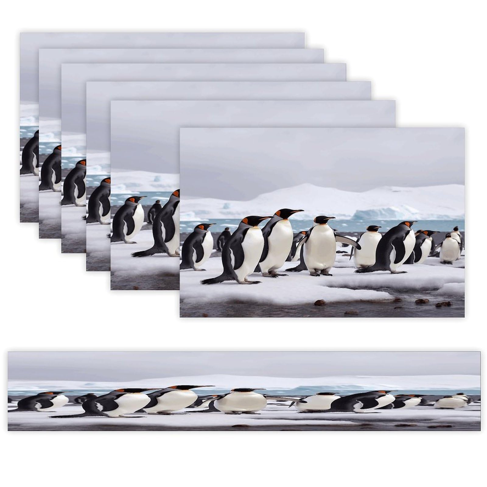 Antarctica Penguins Table Runner and Placemats Set of 6 Wipe Clean Heat Resistant Table Mat with Table Runner Decorations Flax Linen Place Mat Set for Home Kitchen Party Supplies