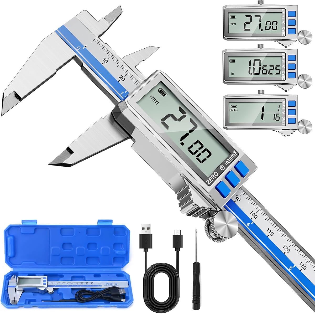 Calibrador digital de 6 pulgadas, calibrador vernier de acero inoxidable recargable tipo C, IP54, conversión F/MM/in, LCD grande, calibrador digital de carga USB para bricolaje, uso de carpintería (azul)