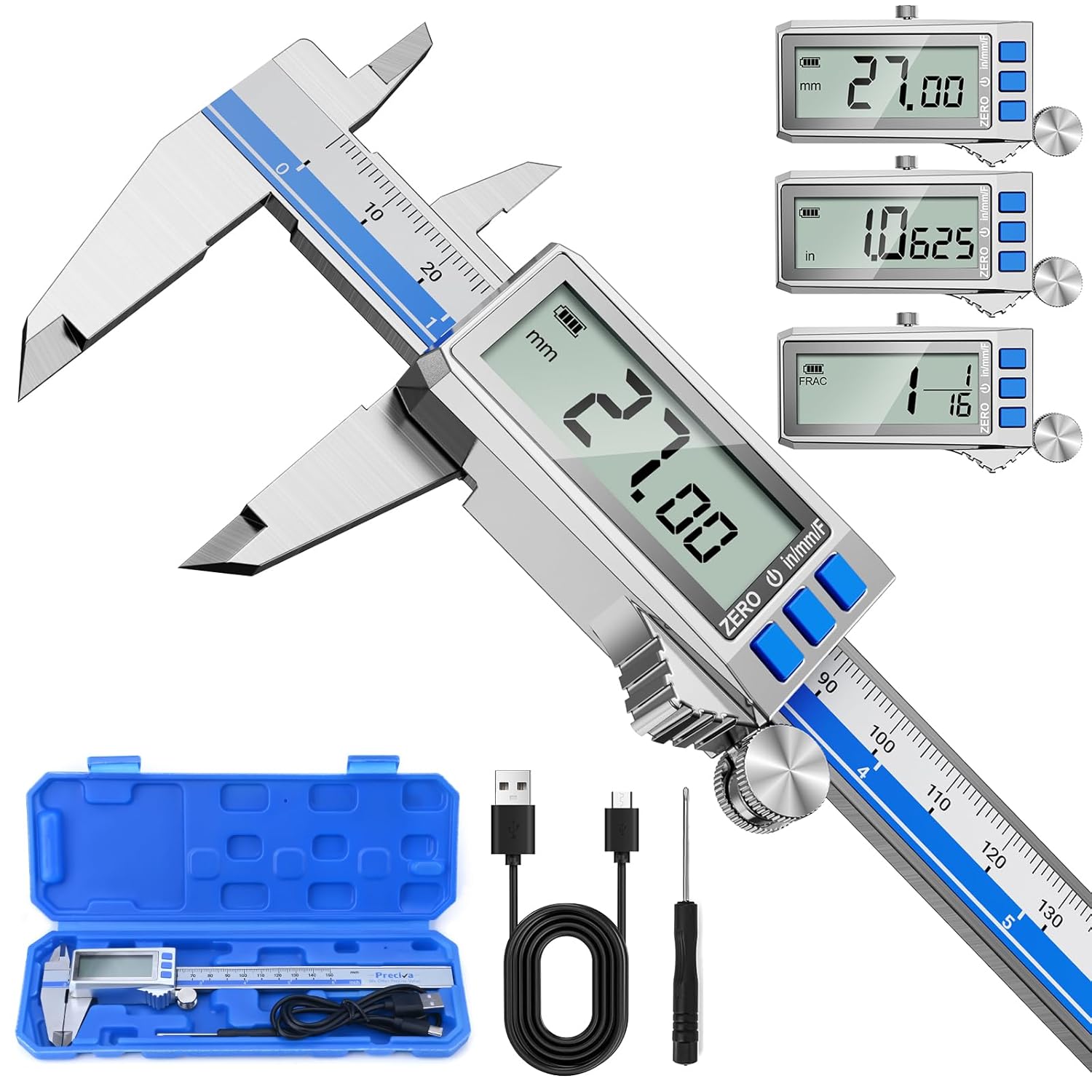 6 Inch Digital Caliper, Type-C Rechargeable Stainless Steel Vernier Caliper, IP54, F/MM/in Conversion, Large LCD, USB Charging Digital Caliper Measuring Caliper for DIY, Woodworking Use (Blue)