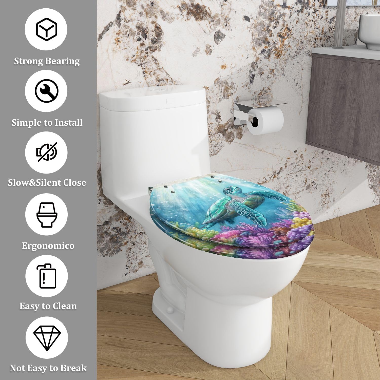 Elongated Resin Toilet Seat with Ocean Turtle Coral Scene, Quiet Close