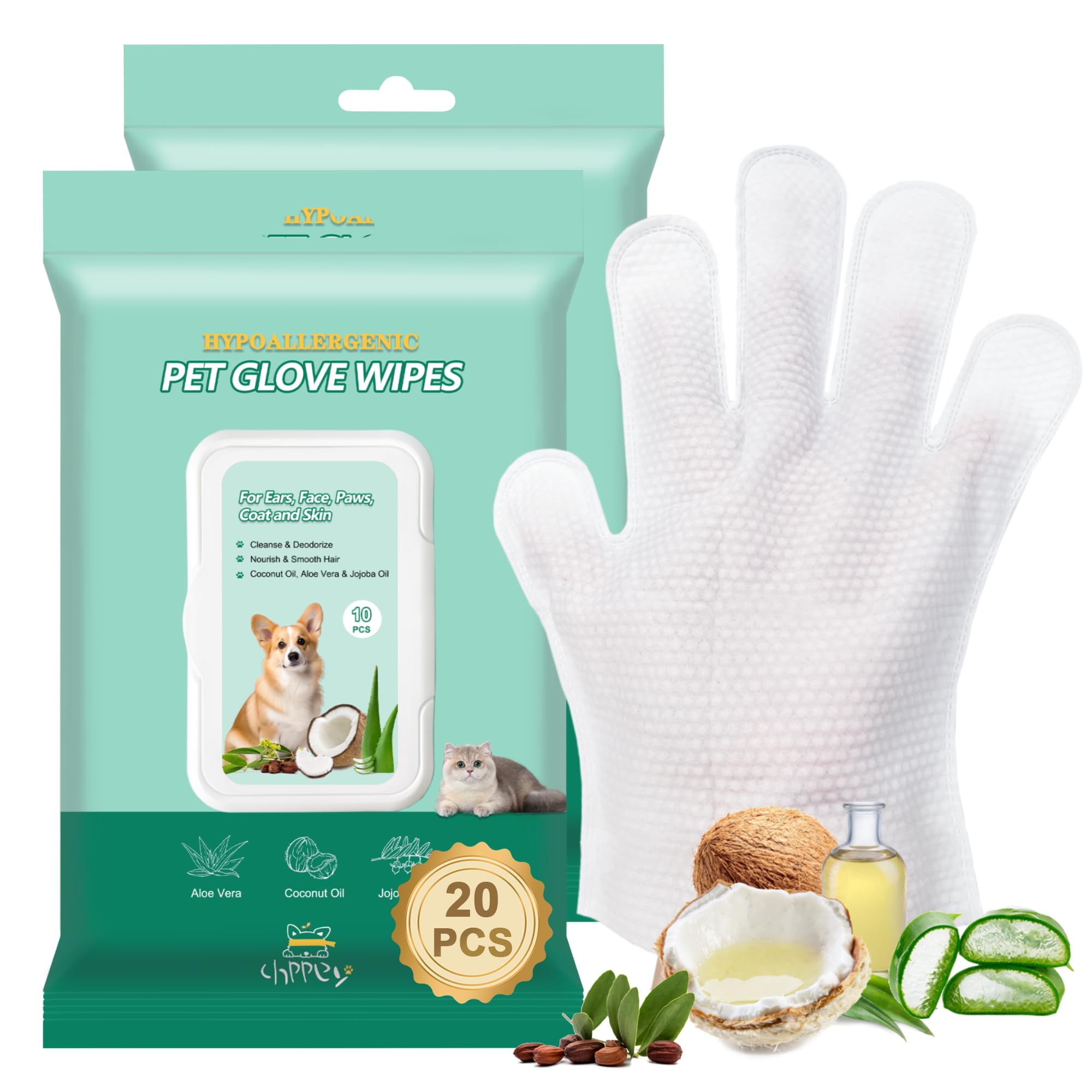 CHPPEY 20 PCS Pet Cleaning and Deodorizing Bathing Grooming Glove Wipes for Dogs and Cats, Extra Thick Nourish Fur No-Rinse Grooming Wipes for Daily